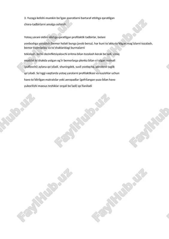 oblanadi. asoratlanmagan operatsiyadan keying davrda organizmdagi asosiy organlar va tizimlarda qator funktsional o‘zgarishlar yuz beradi. bu quyidagilar bilan bog‘liq: psixologik (ruxiy) stress, operatsiyadan keyingi jaroxat zonasidagi og‘riq, operatsiya soxasidagi nekroz o‘choqlari va to‘qimalar jaroxati, bemorning majburiy xolati, gipotermiya, ovqatlanishning buzilishi kabi omillar ta‘siri tufayli bo‘ladi. operatsiyadan keyingi davr normal kechganda organizmdagi reaktiv o‘zgarishlar odatda mo‘‘tadil ifodalangan bo‘lib, taxminan 2-3 kun davom etadi. operatsiyadan keyingi davrning asosiy vazifalari quyidagilardan iboratdir: 1. organizmdagi o‘zgarishlarning korrektsiyasi; 2. organlar va tizimlarning funktsional xolatini nazorat qilish; 3. yuzaga kelishi mumkin bo‘lgan asoratlarni bartaraf etishga qaratilgan chora-tadbirlarni amalga oshirish. yotoq yarani oldini olishga qaratilgan profilaktik tadbirlar, bolani yonboshga yotqizish (bemor holati bunga javob bersa), har kuni to‘akka to‘kilgan mag‘izlarni tozalash, bemor kiyimlarida va to‘shaklaridagi burmalarni tekislash, terini dezinfiktsiyalovchi eritma bilan tozalash kerak bo‘ladi. uzoq muddat to‘shakda yotgan og‘ir bemorlarga plenka bilan o‘ralgan rezinali (puflovchi) aylana qo‘yiladi, shuningdek, suvli yostiqcha, porolonli taglik qo‘yiladi. so‘nggi vaqtlarda yotoq yaralarni …