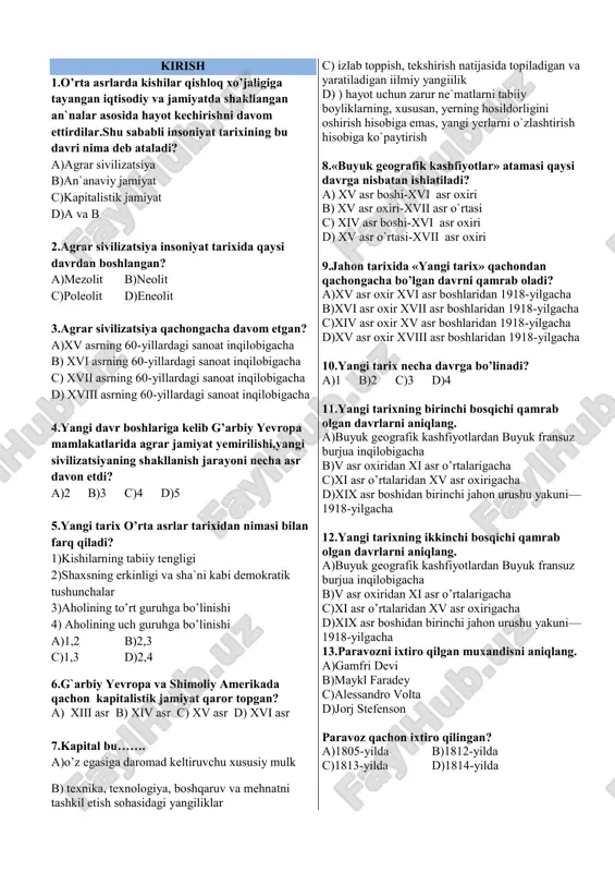 1,2,3 d)3 4.vizantiya imperiyasi qachon qulagan? a) xiv asrda b) xv asrda c) xvi asrda d) iii asrda 5.yevropaliklarni yangi savdo yo’llari izlashga majbur qilgan sabani aniqlang. 1.yerning dumaloqligi to’g’risida tasavvurlar 2.atlantika okeanidan suzib o’tib, hindistonga dengiz yo’lini ochish g’oyasi 3.o’rtayer dengizi orqali osiyoga boradigan savdo yo’llari usmonlilar tomonidan yopib qo’yilishi a)1,2 b)2,3 c)1,2,3 d)3 6.okean to’lqinlariga bardosh beruvchi karavellalar qachon yaratilgan? a) xiv asr oxiriga kelib b) xv asr oxiriga kelib c) xvi asr oxiriga kelib d) xvii asr oxiriga kelib 7.atlantika okeani bo’ylab suzishni qaysi davlat dengizchilari boshlab berdi? a)ispan b)portugal c)ingliz d)golland 8.portugaliyaliklarning geografik kashfiyotlari kimning nomi bilan bog’liq? a)bartolomeu diash b)genrix dengizchi c)amerigo vespuchchi d)ahmad ibn majid 9.portugaliyaliklar afrika qirg’oqlaridagi madeyra,kanar va azor orollarini qachon kashf etishgan? a) xiv asrda b) xv asrda c) xvi asrda d) xvii asrda 10.xv asr oxirida afrika janubidagi yaxshi umid burnini aylanib o’tib hind okeaniga chiqqan ekspeditsiyaga kim boshchilik qilgan? …