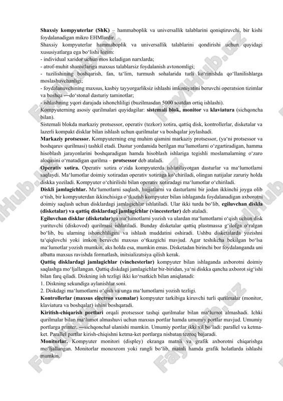 zonlashishi, o`lchamlarning ixchamligi ishlab chiqarishni avtomatlashtirishga keng imkoniyat yaratdi. bu avlod ehmlaridagi bir kristallda mingdan ortiq elementlarni saqlovchi integral sxemalar qo`llanilgan. ularning tezligi 100 mingdan 1 mln. arifmetik amalgacha bo`lib, bunday ehmlarga "ibm-360" (aqsh,1965) va es (ediniya sistema) oilasiga mansub bo`lgan es-1022, es-1035, es-1055, es-1060 kabilar kiradi. to‟rtinchi avlod ehmlari – bu uchinchi avlod mashinasidan tarkibida har biri parallel ravishda ishlay oladigan ikki va undan ko‘p protsessorlar borligi bilan farq qiladi. cheget, elburs-2 kabi ehmlar to‘rtinchi avlodga mansub. o‘z vaqtida toshkentdagi ―algoritm‖ zavodida ishlab chiqarilishi mo‘ljallangan elburs-2 ehm tarkibida har biri sekundiga 1 mln amaliyotlarni bajarish imkoniyatiga ega bo‘lgan 10 ta protsessori bor. to`rtinchi avlod (1970 – 1980- yillar) ehmlarida bir kremniy kristallida o`n minglab o`tkazgich elementlar bo`lgan katta integral sxemalar (bis-bolshaya integralnaya sxema) qo`llaniladi. bir kremniy kristalida butunlay joylashadigan ehm protsessorining yaratilishi xx asrning ajoyib yutug`i bo`ldi. bunday bir kristalli protsessorlar mikroprotsessorlar degan nomni oldi. natijada bitta platada ehmning …