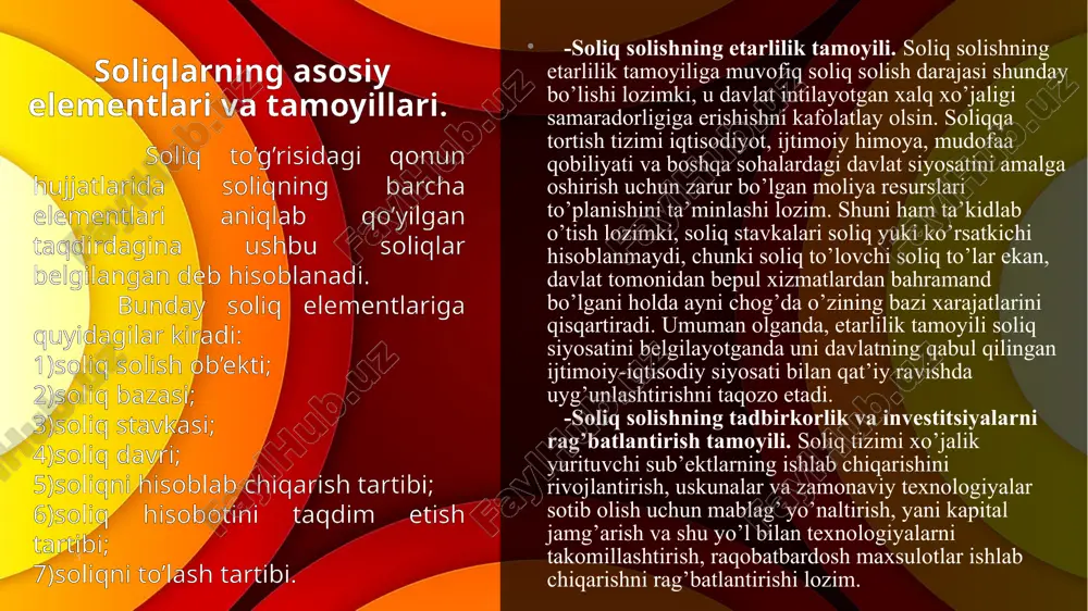 gan deb hisoblanadi. bunday soliq elementlariga quyidagilar kiradi: 1)soliq solish ob’ekti; 2)soliq bazasi; 3)soliq stavkasi; 4)soliq davri; 5)soliqni hisoblab chiqarish tartibi; 6)soliq hisobotini taqdim etish tartibi; 7)soliqni to’lash tartibi. -soliq solishning adolatlilik tamoyili. soliq solishning adolatlilik tamoyiliga muvofiq, soliqlar jamiyat tomonidan oqilona va adolatli deb tan olingan umumiy ob’ektiv qoidalarga binoan belgilanishi lozim. adolatlilik tamoyili bir qancha asosiy guruhdagi soliq solish tamoyillariga bo’linadi. bularni ikki guruhga bo’lgan holda o’rganish maqsadga muvofiqdir. bunda gorizantal va vertikal adolatni bir-biridan farqlash lozim. gorizantal adolat tamoyili daromad olishning turli sharoitlarida soliq to’lovchilarga nisbatan soliq solishning taxminan teng shartlarini qo’llashni nazarda tutadi. -soliq solishning oddiylik va holislik tamoyili. bu tamoyil soliq solish bazasini aniqlashda, soliqlani hisoblab chiqishda oddiylik bo’lishini, taqdim etiladigan hisobotlarning mazmunini soddalashtirishni, shuningdek soliqlarning eng muxim turlari bo’yicha yagona stavkalar belgilashni, beriladigan imtiyozlarni iloji boricha kamaytirishni ko’zda tutadi. -soliq solishning boshqarishga qulaylik tamoyili. samarali soliq tizimiga qo’yiladigan muhim talablardan biri boshqaruvga qulay bo’lishidir. …