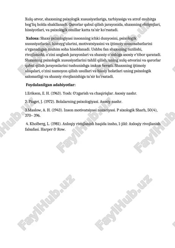 bi olimlar shaxsning rivojlanishini bosqichma-bosqich o‘rganishgan. 3. motivatsiya: shaxsning motivatsiyasi uning harakatlarini va qarorlarini shakllantiradigan asosiy omil hisoblanadi. motivatsiya shaxsning ehtiyojlari, orzulari va maqsadlariga bog‘liq bo‘lib, ularni amalga oshirishga undaydi. maslowning ehtiyojlar piramidasiga ko‘ra, insonning motivatsiyasi jismoniy ehtiyojlardan boshlab, xavfsizlik, ijtimoiy aloqalar, hurmat va o‘zini namoyon qilish ehtiyojlariga qadar rivojlanadi. 4. shaxsning his-tuyg‘ulari: shaxsning hissiy holatlari uning xulq-atvoriga va qarorlariga ta’sir qiladi. hissiyotlar, shuningdek, shaxsning o‘zini tushunishi va boshqalar bilan munosabatlari uchun muhimdir. qo‘rquv, qayg‘u, baxt, quvonch kabi hissiyotlar shaxsning ichki holatlarini ifodalashda va boshqarishda asosiy rol o‘ynaydi. psixologiya, shaxsning hissiyotlarini tahlil qilish va ularni qanday boshqarishni o‘rganishga yordam beradi. 5. xulq-atvor va qarorlar qabul qilish: shaxsning xulq-atvori, uning muhitga qanday munosabatda bo‘lishini va qanday qarorlar qabul qilishini belgilaydi. xulq-atvor, shaxsning psixologik xususiyatlariga, tarbiyasiga va atrof-muhitga bog‘liq holda shakllanadi. qarorlar qabul qilish jarayonida, shaxsning ehtiyojlari, hissiyotlari, va psixologik omillar katta ta’sir ko‘rsatadi. xulosa: shaxs psixologiyasi insonning ichki dunyosini, psixologik xususiyatlarini, …