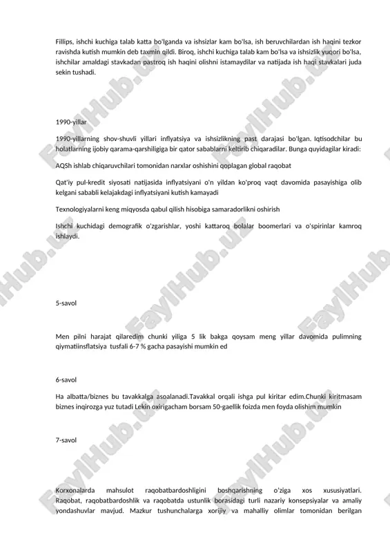 labdan kattaroqdir. shuncha ishchi mavjud bo'lganligi sababli, ish beruvchilarga ish haqini yuqori to'lash orqali xizmatlari uchun "taklif" qilishning hojati yo'q. yuqori ishsizlik davrida ish haqi odatda turg'un bo'lib qoladi va ish haqi inflyatsiyasi (yoki ish haqining ko'tarilishi) mavjud emas. minimal ish haqini oshirish inflyatsiyani oshiradimi? fillips egri chizig'i a.w. fillips birinchilardan bo'lib ishsizlik va ish haqi inflyatsiyasi o'rtasidagi teskari bog'liqlikning dalillarini keltirgan. fillips buyuk britaniyada deyarli to'liq asr (1861-1957) davrida ishsizlik va ish haqining o'zgarishi darajasi o'rtasidagi munosabatni o'rganib chiqdi va u (a) ishsizlik darajasi va ( b) ishsizlikning o'zgarish darajasi. fillips, ishchi kuchiga talab katta bo'lganda va ishsizlar kam bo'lsa, ish beruvchilardan ish haqini tezkor ravishda kutish mumkin deb taxmin qildi. biroq, ishchi kuchiga talab kam bo'lsa va ishsizlik yuqori bo'lsa, ishchilar amaldagi stavkadan pastroq ish haqini olishni istamaydilar va natijada ish haqi stavkalari juda sekin tushadi. 1990-yillar 1990-yillarning shov-shuvli yillari inflyatsiya va ishsizlikning past darajasi bo'lgan.﻿﻿ iqtisodchilar bu …