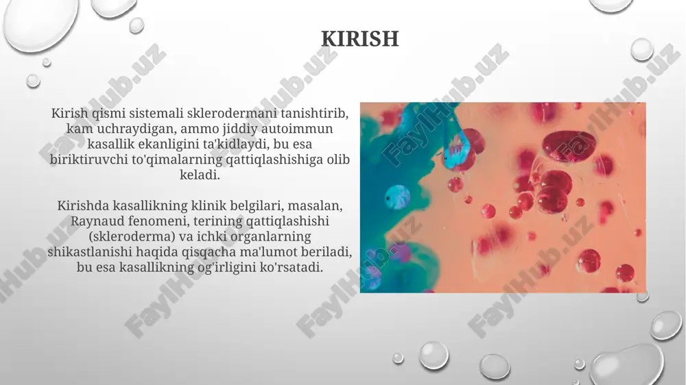 erma turiga qarab, o'pka fibrozining rivojlanishi tufayli nafas qisilishi va o'pka gipertenziyasi bilan bog'liq bo'lishi mumkin. ba'zi bemorlarda buyrak etishmovchiligi kuzatiladi, bu esa qon bosimining keskin oshishi va buyrak funktsiyasining yo'qolishiga olib keladi, bu dializni talab qilishi mumkin. prognoz prognoz sistemik sklerodermada o'pka kasalligi rivojlanishini baholashda muhim rol o'ynaydi, masalan, yuqori aniqlikdagi kt tekshiruvida 20% dan ortiq fibroz o'zgarishlar aniqlansa. autoantikorlar, jumladan anti-topoizomeraza i (scl-70) antitelolari prognozda ahamiyatga ega; ularning mavjudligi agressiv kechadigan, 5 yil ichida ogʻir oqibatlarga olib kelishi mumkin boʻlgan xastalikni ko'rsatadi. davolash: umumiy tamoyillar davolashda asosiy tamoyil – har bir bemorning kasallik ko'rinishiga qarab individual yondashuv. bemorning holati, a'zolar shikastlanishi va kasallik faolligi hisobga olinadi. umumiy tamoyillarga immunitetni susaytiruvchi dorilar (masalan, metotreksat, mikofenolat) kiritilgan. ular kasallikning rivojlanishini sekinlashtirish va immunitet tizimini tartibga solishga yordam beradi. davolash: farmakologik kortikosteroidlar yallig'lanishni kamaytirish uchun ishlatiladi, odatda prednizon kabi, ammo uzoq muddatli foydalanishda dozani kamaytirish kerak, chunki 10 mg dan yuqori …