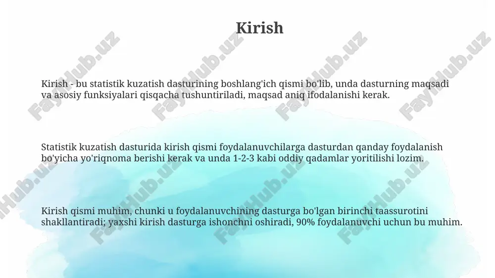 i saqlashning asosiy tuzilmalari hisoblanadi, ular ma'lumotlarga tez kirish va 0(1) yoki 0(n) vaqt murakkabligida operatsiyalarni bajarish imkonini beradi. ma'lumotlarni saqlash tuzilmalari 1000 dan ortiq elementdan iborat bo'lgan ma'lumotlar bazasida foydalanish, ma'lumotlarni tartiblash, qidirish va saqlash uchun juda muhimdir. ma'lumotlarni tozalash va tekshirish ma'lumotlarni tekshirishda, o'zgaruvchilar uchun chegara qiymatlari o'rnatiladi, masalan, yosh uchun 0 dan 120 gacha, bu anomaliyalarni aniqlashga va 95% aniqlik bilan tekshirishga yordam beradi. ma'lumotlarni tozalashda xatolarni aniqlashning birinchi bosqichi bu dublikatlarni olib tashlash, bunda 70% o'xshashlik darajasida qaydlar filtrlanadi va takroriy kirishlar yo'q qilinadi. ma'lumotlarni tozalash usullaridan biri - bu noto'g'ri formatlangan sana yozuvlarini tuzatish, masalan, mm/dd/yy dan yyyy-mm-dd ga o'tkazish, bu esa ma'lumotlarni tahlil qilishda 85% muvofiqlikni oshiradi. statistik tahlil usullari statistik tahlil usullari 10% dan ortiq xatoliklarni aniqlashga yordam beradi, bu esa ma'lumotlarning ishonchli ekanligini ta'minlaydi va natijalarni tekshirish uchun muhimdir. regressiya tahlili kabi usullar o'zgaruvchilar o'rtasidagi bog'liqlikni aniqlashga imkon beradi, masalan, 5 birlikdan …