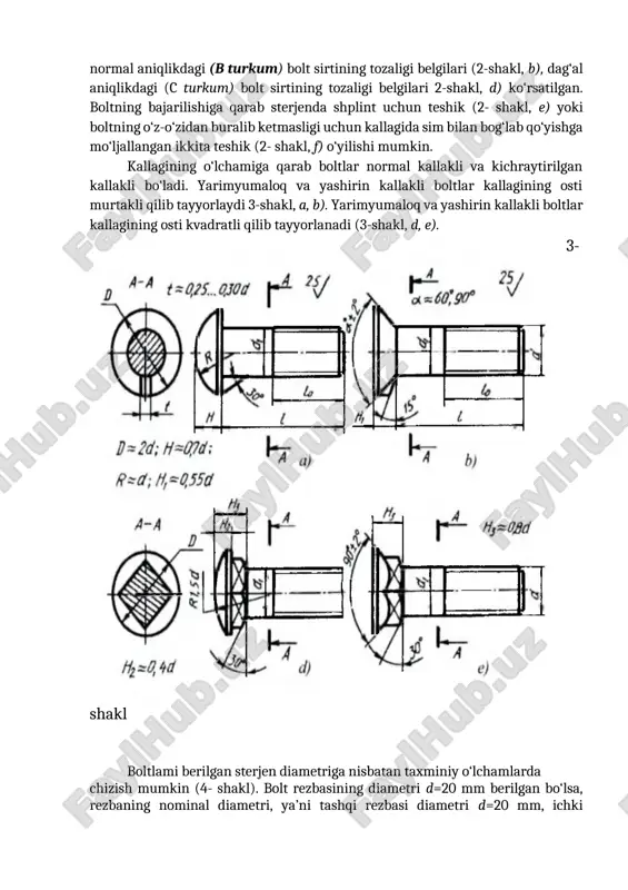 irmaydi) biriktiriluvchi detallarning qalinliklariga bog‘liq bo‘ladi, ya’ni h1+h2 ,+1,3d olinadi. 4-shakl 3.4-ajraladigan birikmalarning chizmalarini bajarishga oid grafik ish na’munalari va variantlar boltli birikma variant-lar d n m variant-lar d n m 1 24 30 20 14 16 25 50 2 30 10 40 15 20 18 30 3 20 15 25 16 16 25 50 4 30 20 30 17 24 16 40 5 20 30 20 18 30 20 30 6 24 20 30 19 24 20 40 7 16 20 45 20 20 15 35 8 20 25 25 21 16 25 50 9 24 15 40 22 24 24 30 10 30 18 35 23 20 30 25 11 24 10 40 24 24 30 20 12 30 20 35 25 30 30 30 13 20 15 25 26 20 15 40 talabalarning e`tiborini jalb etish va bilim darajalarini aniqlash uchun tezkor savollar 1. boltli birikmalar deb …
