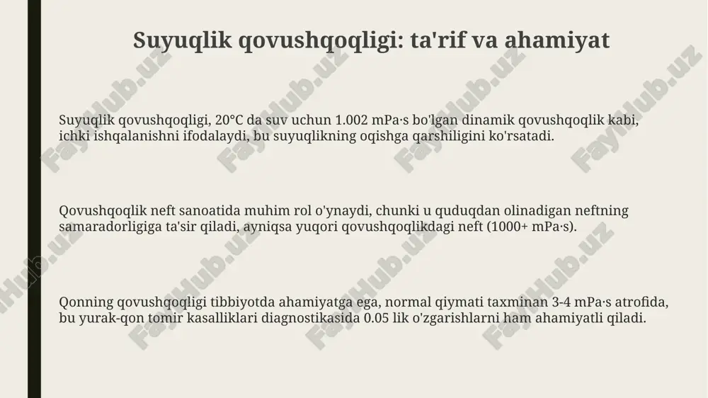 ziteni hisoblashga yordam beradi. ichki ishqalanish koeffitsientini aniqlash bo'yicha laboratoriya ishi ichki ishqalanish koeffitsientini aniqlashda stok qonunidan foydalaniladi, u erda sharning suyuqlikdagi sekin harakatini o'rganib, 6πrηv formulasi yordamida qovushqoqlikni hisoblash mumkin. suyuqlikning ichki ishqalanish koeffitsientini aniqlash uchun kapillyar usul qo'llaniladi, unda puazeyl formulasi (η = πpr^4t / 8vl) orqali qovushqoqlik aniqlanadi, p-bosim, r-radius, t-vaqt. laboratoriya ishida, odatda, 20°c haroratda suyuqlikning ichki ishqalanish koeffitsienti ostvald viskozimetri yordamida aniqlanadi, qovushqoqlik suyuqlikning oqish vaqtiga proporsional. qovushqoqlikning amaliy ahamiyati: misollar qonning viskozitesi yurak-qon tomir tizimining sog'lig'i uchun muhim; qonning normal viskozitesi 3-4 santipuaz bo'lishi kerak, bu esa to'qimalarga kislorod yetkazib berishni optimallashtiradi. sanoat moylash materiallari, masalan, dvigatellarda ishqalanishni kamaytiradi, energiya sarfini 15-20% ga kamaytirib, mexanizmlarning ishlash muddatini oshiradi va xarajatlarni tejaydi. oziq-ovqat sanoatida viskozlikni boshqarish, masalan, soslar va kremlarning tuzilishini ta'minlaydi, mahsulot sifatini yaxshilaydi va iste'molchilarning afzalliklariga mos keladigan 0,5 dan 5 paskal sekundgacha bo'lgan viskozlikka erishiladi. xulosa va muhokama newton suyuqliklarida qatlamlar orasidagi …