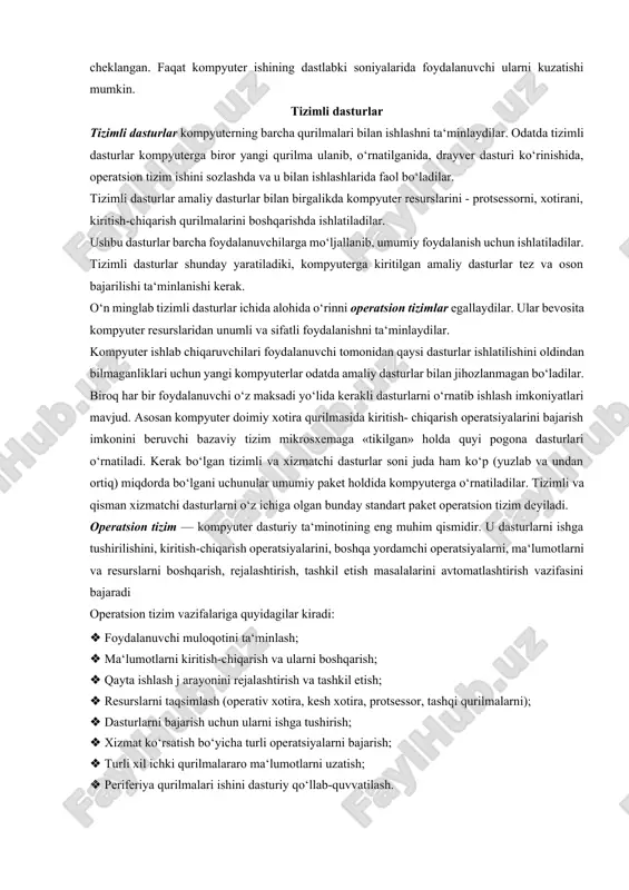 ri ko‘rinishida, operatsion tizim ishini sozlashda va u bilan ishlashlarida faol bo‘ladilar. tizimli dasturlar amaliy dasturlar bilan birgalikda kompyuter resurslarini - protsessorni, xotirani, kiritish-chiqarish qurilmalarini boshqarishda ishlatiladilar. ushbu dasturlar barcha foydalanuvchilarga mo‘ljallanib, umumiy foydalanish uchun ishlatiladilar. tizimli dasturlar shunday yaratiladiki, kompyuterga kiritilgan amaliy dasturlar tez va oson bajarilishi ta‘minlanishi kerak. o‘n minglab tizimli dasturlar ichida alohida o‘rinni operatsion tizimlar egallaydilar. ular bevosita kompyuter resurslaridan unumli va sifatli foydalanishni ta‘minlaydilar. kompyuter ishlab chiqaruvchilari foydalanuvchi tomonidan qaysi dasturlar ishlatilishini oldindan bilmaganliklari uchun yangi kompyuterlar odatda amaliy dasturlar bilan jihozlanmagan bo‘ladilar. biroq har bir foydalanuvchi o‘z maksadi yo‘lida kerakli dasturlarni o‘rnatib ishlash imkoniyatlari mavjud. asosan kompyuter doimiy xotira qurilmasida kiritish- chiqarish operatsiyalarini bajarish imkonini beruvchi bazaviy tizim mikrosxemaga «tikilgan» holda quyi pogona dasturlari o‘rnatiladi. kerak bo‘lgan tizimli va xizmatchi dasturlar soni juda ham ko‘p (yuzlab va undan ortiq) miqdorda bo‘lgani uchunular umumiy paket holdida kompyuterga o‘rnatiladilar. tizimli va qisman xizmatchi dasturlarni o‘z ichiga …