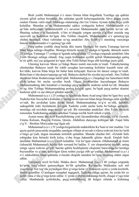 . haniflar ochiqdan-ochiq butparastlarni tanqid qilar edilar. bu tanqidlar, tabiiyki, zodagonlarga yoqmas edi. shuning uchun ham ular bir yerda muqim turmay, o‘lka bo‘ylab ko‘chib yurishga va qalandarona hayot kechirishga majbur bo‘ldilar. ushbu toifa kishilardan zayd ibn amr, varaqa ibn navfal, ubaydulloh ibn jahsh, usmon ibn huvayris, quss ibn sayidolarni keltirish mumkin. 2. islom dinining vujudga kelishi islom jahon dinlari ichida eng yoshi hisoblanadi. «islom» – (arabcha - «bo‘ysunish», «itoat etish») – allohga til bilan imon keltirib, dil bilan tasdiqlash, uning ko‘rsatmalariga bo‘ysunish, o‘zini allohning diniga bag‘ishlashni anglatadi. muhammad payg‘ambar hayoti. muhammad ibn abdulloh ibn abd al-muttalib arabiston tarixida «fil voqeasi» nomi bilan mashhur jangdan 50 kun keyin tavallud topgani haqida ilk islom manbalarida xabar beriladi. misrlik astronom mahmud poshoning ta’kidlashicha, payg‘ambarning tavallud sanasi milodiy 571 yil 21 aprelga to‘g‘ri keladi. otalari abdulloh o‘z o‘g‘li muhammad tug‘ilmasidan oldin savdo ishi bilan shomdan qaytayotib yasribda (hozirgi madina shahrida) vafot etgan. onalarining ismi …