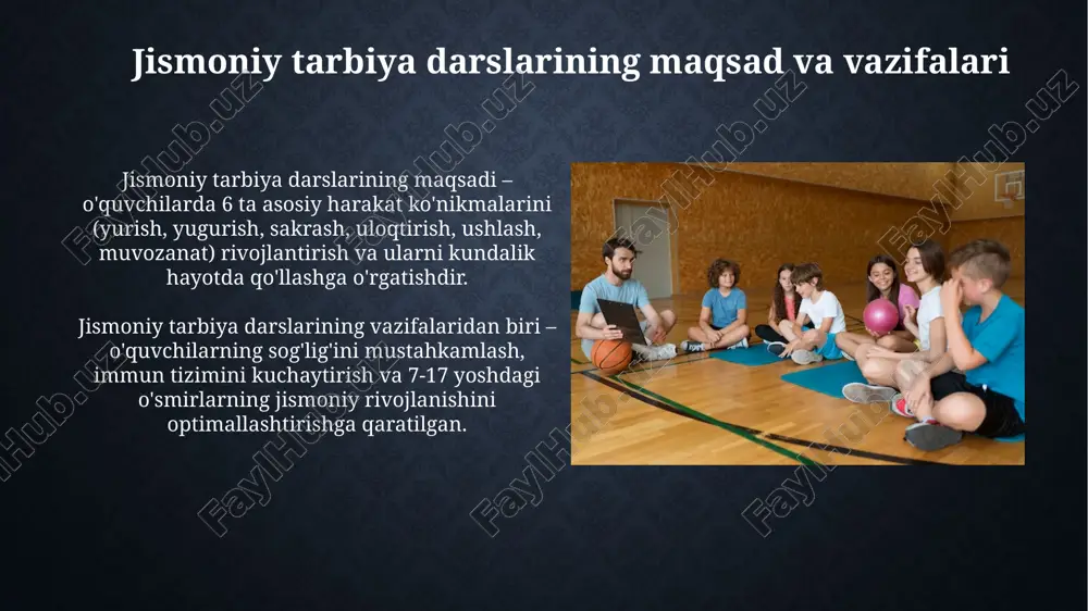 mladan, cho'zish, egilish va aylanish harakatlari 10-15 marta takrorlanishi, darsning intensivligiga moslashtiriladi. sport o'yinlari va elementlari sport oʻyinlarining taʼlimiy ahamiyati, jamoaviy ishni rivojlantirish, qobiliyatini oshirish va 20% qoidalar asosida oʻquvchilarning faolligini taʼminlashga qaratilgan. sport oʻyinlari elementlari, masalan, toʻp bilan ishlash texnikasi 3-sinfdan boshlab oʻrgatiladi va ularni 10 qismga ajratib, har bir qismga 5 daqiqa vaqt ajratiladi. harakatli o'yinlar harakatli o'yinlar, 10 yoshgacha bo'lgan bolalarning jismoniy faolligini oshirishning eng yaxshi usuli bo'lib, ularning koordinatsiya va tezlik qobiliyatlarini rivojlantirishga yordam beradi. ba'zi harakatli o'yinlar, masalan, 'oq terak, ko'k terak' jamoaviy ruhni shakllantiradi va 5 dan 15 gacha bolalar ishtirok etishi mumkin, bu esa ijtimoiy ko'nikmalarni oshiradi. estafeta o'yinlari estafeta o'yinlarida 2 va undan ortiq jamoalar qatnashadi, har bir jamoada kamida 4 ishtirokchi bo'lishi kerak, ular navbat bilan bir-birlariga topshiriqni yoki tayoqchani o'tkazadilar. estafeta o'yinlari har xil ko'rinishda bo'lishi mumkin, masalan, yugurish estafetasi, to'p bilan estafeta yoki halqa bilan estafeta, ularning har biri …