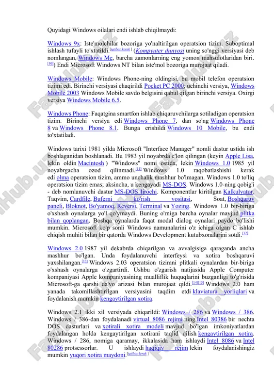 uchun operatsion tizim server kompyuterlari va ish stantsiyalari. hozir u deyarli bir vaqtning o'zida chiqarilgan va bitta yadroni baham ko'rgan uchta operatsion tizim subfamilasidan iborat: windows: asosiy oqim uchun operatsion tizim shaxsiy kompyuterlar, planshetlar va smartfonlar. eng so'nggi versiyasi windows 10. ushbu oilaning asosiy raqobatchisi macos tomonidan olma shaxsiy kompyuterlar uchun va android mobil qurilmalar uchun (cf) operatsion tizimlardan foydalanish ulushi § toifalar bo'yicha bozor ulushi ).windows server: server kompyuterlari uchun operatsion tizim. eng so'nggi versiyasi windows server 2019. mijoz birodaridan farqli o'laroq, u kuchli nomlash sxemasini qabul qildi. ushbu oilaning asosiy raqobatchisi linux. (c.f. operatsion tizimlardan foydalanish ulushi § toifalar bo'yicha bozor ulushi ).windows pe: windows operatsion tizimidagi birodarining yengil versiyasi jonli operatsion tizim, windows-ni metall bo'lmagan kompyuterlarga o'rnatish (ayniqsa, bir vaqtning o'zida ko'plab kompyuterlarda), tiklash yoki muammolarni bartaraf etish uchun ishlatiladi. eng so'nggi versiyasi windows pe windows iot (avval windows embedded): dastlab, microsoft ishlab chiqdi windows ce har …