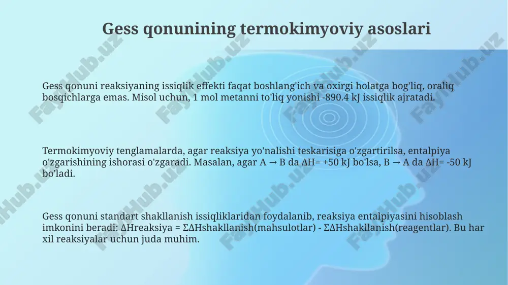 iya o'zgarishlari yig'indisiga teng, masalan, c+o2=co2, δh=-393.5 kj. e'tiboringiz uchun rahmat image1.png