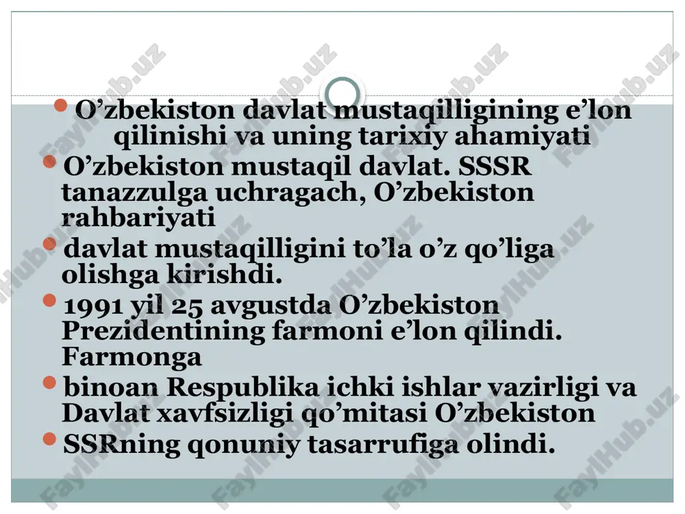 ashining vii sessiyasida 1991 yil 30 sentyabr kuni «o’zbekiston respublikasining davlat mustaqilligi asoslari to’g’risi»gi qonunga konstitutsiyaviy qonun maqomini berishga qaror qilindi. qarorda o’zbekiston respublikasining amaldagi konstitutsiyasi moddalari «o’zbekiston respublikasining davlat mustaqilligi asoslari to’g’risida»gi qonunning moddalariga zid kelgan hollarda mazkur qonunga amal qilinsin, deb belgilab qo’yildi. shunday qilib, xalqimizning asriy orzusi, umidlari ushaldi, ro’yobga chiqdi. mamlakatimiz, xalqimiz siyosiy mutelikdan, asoratdan qutildi. dunyo xaritasida yana bitta mustaqil davlat - o’zbekiston respublikasi paydo bo’ldi. o’zbek xalqi tarixida, mamlakatimizda yashaydigan barcha xalqlar tarixida chinakam tarixiy ahamiyatga molik bo’lgan voqea sodir bo’ldi. o’zbekiston respublikasining xalqi suverendir va respublikada davlat hokimiyatining birdan-bir sohibidir. u o’z hokimiyatini ham bevosita, ham vakillik idoralari tizimi orqali amalga oshiradi; 􀂾 o’zbekiston respublikasi to’la davlat hokimiyatiga ega, o’zining milliy davlat va ma’muriy-hududiy tuzilishini, hokimiyat va boshqaruv idoralari tizimini mustaqil belgilaydi, davlat chegaralari, hududi daxlsiz va bo’linmas bo’lib, uning xalqi o’z xohish-irodasini erkin bildirmasdan turib o’zgartirilishi mumkin emas; foydalanilgan adabiyotlar 1. karimov …