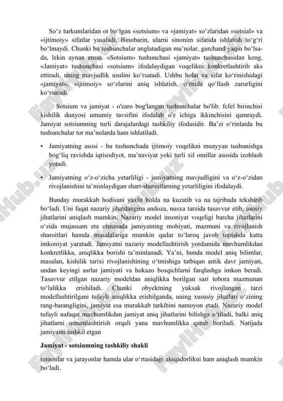 rdamida kishilik dunyosi umumiy masalalarini xilma-xil ta’limotlarda (ba’zan ular bir-birini inkor etishi mumkin) ifodalab keldilar. jamiyatni keng ma’noda tushunish shartli bo‘lib, buni hisobga olmaslik ko‘pgina chalkashliklarni keltirib chiqaradi. masalan, ovchilar jamiyati bilan kishilik jamiyati sifat jihatidan ham, mohiyat jihatidan ham boshqa-boshqa ekanligi o‘z-o‘zidan ma’lum. ya’ni, aniq holda jamiyat - bu kishilar birgalikdagi faoliyatining tashkiliy shakllari turli darajalaridan iboratdir. bu faoliyat doirasida turli-tuman jamiyat va uning a’zolari, ularga mansub bo‘lgan birliklarning har biri uchun umumiy bo‘lgan ehtiyojlar qondiriladi. aniqroq qilib aytganda, jamiyat - bu o‘z-o‘zicha yetarlilik bo‘lib, o‘z a ’zolari turmush sharoiti uchun barcha zarur jarayonlarni yo‘lga qo‘yadi, amalga oshiradi. bu «o‘z-o‘zicha yetarlilik»ni jamiyat bilan uning bir qismi bo‘lgan siyosiy partiya nisbatini aniqlash misolida yaqqol ko‘rish mumkin. masalan, xitoy xalq respublikasidagi hukmron partiyaning a’zolari soni allaqachon 100 million kishidan oshib ketgan. lekin bu partiya jamiyat ichida mavjud. umumiy soni mingdan ham ko‘p bo‘lmagan yovvoyilar qabilasi haqiqiy, to‘laqonli jamiyat bo‘la oladi. gap …