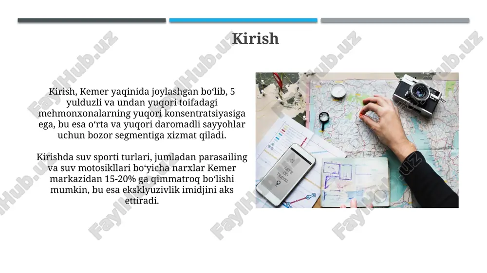 raqobat dinamikasini tushunishga yordam beradi. iste'molchilar xulq-atvorini o'rganish iste'molchilarning xulq-atvorini o'rganishda, 70% xaridorlar turistik xizmatlarni tanlashda ijtimoiy tarmoqlardagi sharhlarga e'tibor qaratadi, bu esa marketing strategiyasini tuzishda muhimdir. turistik xizmatlarni xarid qilishda iste'molchilarning xulq-atvoriga ta'sir etuvchi asosiy omil – bu 65% holatda narx omili va 35% holatda xizmat sifati hisoblanadi. narx siyosati tahlili narx siyosati tahlili, xizmat sifatini inobatga olgan holda, iste'molchilarning 75% qoniqish darajasiga erishish uchun optimal narxni aniqlashga qaratilgan. raqobatchilarning narxlarini o'rganish orqali, biz bozorda 10% pastroq narx belgilash orqali 25% bozor ulushini qo'lga kiritishni rejalashtiramiz. reklama va marketing kommunikatsiyalari samaradorligi marketing kommunikatsiyalarining samaradorligini baholashda roi (investitsiyalarning qaytishi) ko'rsatkichi muhimdir, u marketing xarajatlaridan olingan foydani foizda ifodalaydi, masalan, 15% roi yaxshi natija hisoblanadi. reklama kampaniyalarining samaradorligini o'lchash uchun a/b testing usuli qo'llaniladi, unda turli reklamalar variantlari ko'rsatiladi va eng yaxshi natijaga erishgan variant tanlanadi. turizm xizmatlarini tarqatish kanallari turizm agentliklari 70% gacha turpaketlarni sotadi, mijozlarga shaxsiy maslahat berib, bron …