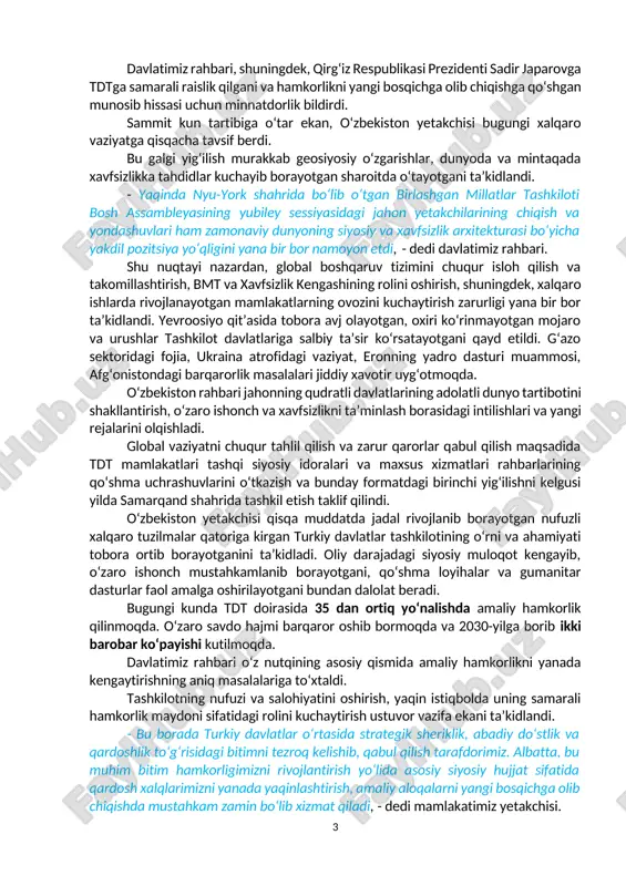 r o‘zbekiston respublikasi prezidenti shavkat mirziyoyev 7-oktyabr kuni turkiy davlatlar tashkiloti davlat rahbarlari kengashining gabala shahrida o‘tgan navbatdagi yig‘ilishida ishtirok etdi. ozarbayjon respublikasi prezidenti ilhom aliyev raisligida o‘tgan tadbirda qozog‘iston respublikasi prezidenti qasim-jomart toqayev, qirg‘iz respublikasi prezidenti sadir japarov, turkiya respublikasi prezidenti rejep tayyip erdog‘an, turkman xalqining milliy yetakchisi, turkmaniston xalq maslahati raisi gurbanguli berdimuhamedov, vengriya bosh vaziri viktor orban, turkiy davlatlar tashkiloti bosh kotibi kubanichbek omuraliyev va boshqa rasmiy shaxslar ham qatnashdi. kun tartibiga muvofiq, tashkilot doirasidagi ko‘p qirrali hamkorlikning bugungi holati va istiqbollari yuzasidan fikr almashildi, amaliy sheriklikning dolzarb masalalari muhokama qilindi. davlatimiz rahbari so‘zining avvalida ozarbayjon prezidentiga qadimdan buyuk ipak yo‘lidagi muhim savdo va madaniyat markazlaridan biri bo‘lgan gabala shahrida sammit yuksak darajada tashkil etilgani uchun samimiy minnatdorlik bildirdi. - sizning bevosita tashabbusingiz bilan biz oxirgi yillarda zamonaviy ozarbayjonning ko‘plab hududlariga tashrif buyurdik. go‘zal qorabog‘ kun sayin obod bo‘layotganiga, shusha, xonkendi, ag‘dam shaharlaridagi ulkan bunyodkorlik ishlariga guvoh …