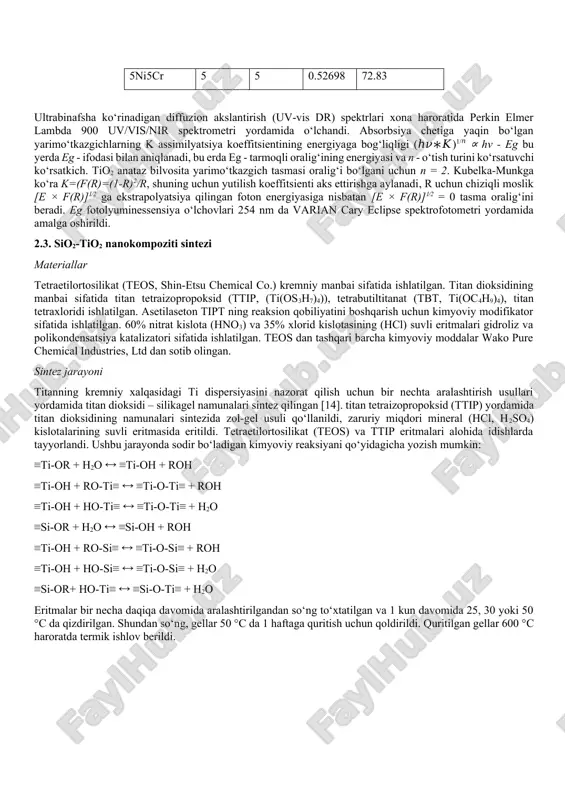 gel va doping usullarini birlashtirgan holda amalga oshirilgan. ni va sr ko-dopirlangan tio2 nanomaterialini sintez qilishda, ttip (ti(och(ch3)2)4) doimiy ravishda magnitli aralashtirgichda xona haroratida izopropil spirtiga izopropanol/ttip (25/1 molyar nisbatda) tomchilatib qo‘shildi. keyin, ma’lum miqdordagi h2o (mollar nisbati h2o/ttip 100/1) tomchilatib qo‘shilib, oq eritma olindi. bir vaqtning o‘zida, 10 mas.% ni va cr ko-dopirlangan materialini olish uchun kerakli massadagi tuzlari distillangan suvda eritildi. 70 °c da hcl ning suvli eritmasi tomchilatib qo‘shildi. xuddi shu sharoitda (70 °c) va uzluksiz aralashtirilgan holatda 90 daqiqadan so‘ng, olingan eritmaga tomchilatib qo‘shildi. 120 daqiqadan so‘ng yaxshilab aralashtirilgan eritma avval tindirilib, keyin distillangan suvda yuvildi va 100 °c haroratda 12 soat davomida quritildi. olingan mahsulot 500 °c da 3 soat davomida kalsinatsiya qilindi. olingan namunalarning fizik-kimyoviy xususiyatlarini o‘rganish sintez qilingan namunalarning rentgen diffraksiyasi (xrd) 60 kv kuchlanishli va 50 ma 2 θ oqimdagi mo ka radiatsiyasidan (λ = 0.7093 å) foydalanib, sezgir detektor holati bilan …