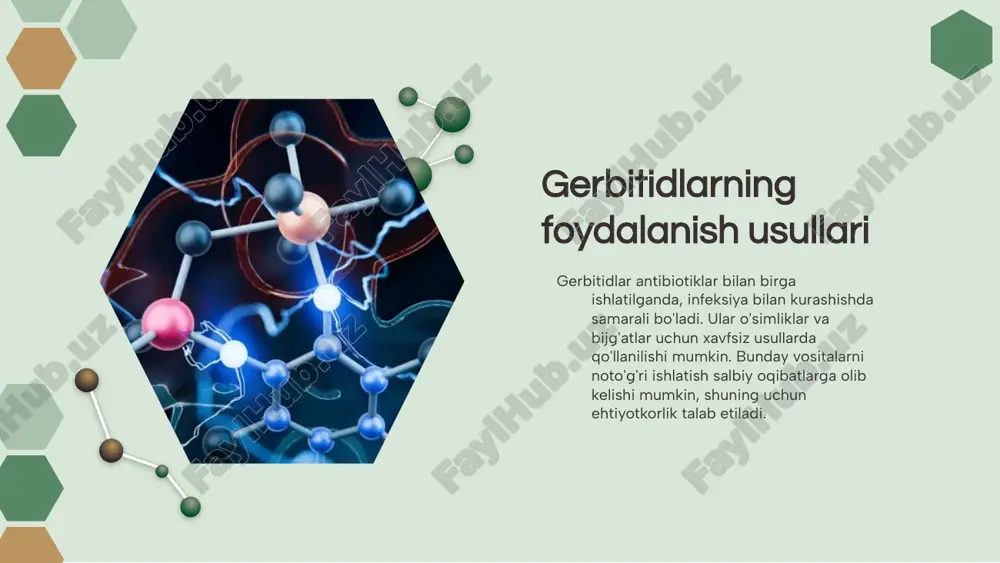 shifokor yoki farmatsevt maslahatini olish zarur. ular sizga eng to'g'ri va xavfsiz yo'lni ko'rsatadilar. antibiotiklar qabul qilgandan keyin o'zgarishlarni diqqat bilan kuzatish kerak. agar nojo'ya ta'sirlar paydo bo'lsa, darhol shifokorga murojaat qiling. gerbitidlar turlari va xususiyatlari gerbitidlar, parazitlar va qo'ziqorinlarga qarshi kurashishda qo'llaniladi. ularning turlari orasida antiparazitar va antifungal qidiruvlar mavjud. har bir gerbitidning o'ziga xos xususiyatlari va ta'siri bor. antibiotiklar ta'siri va qo'llanilishi antibiotiklar bakterial infeksiyalarni davolashda yordam beradi. ular mikroblarni yo'qotish va kasalliklarni oldini olish uchun ishlatiladi. har xil antibiotiklar turli xil bakteriyalarga ta'sir ko'rsatadi va ularni noto'g'ri ishlatish, bakteriyalarning qarshiligini oshirishi mumkin. foydalanilgan adabiyotlar 1. qodirov, m. gerbitidlar va ularning antibiotiklarga ta'siri. o'zbekiston respublikasi tibbiyot akademiyasi, 2021. 2. yuldashev, a. antibiotiklar va ularning mikroblarga qarshi kurashdagi roli. o'zbekiston tibbiyot jurnali, 2019. 3. rahimov, s. gerbitidlar: tabiiy va sintetik manbalari. fan va texnika, 2020. 4. mustafoev, i. antibiotiklar va ularning gerbitidlar bilan o'zaro ta'siri. tibbiyot fanlari bo'yicha to'plam, …