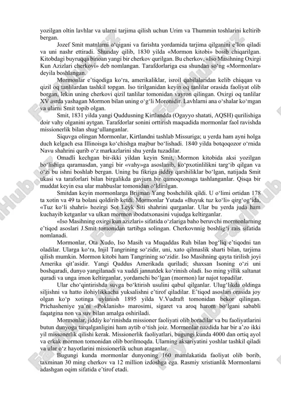 tlarga ko‘ra, hozirgi kunda iyegovochi missionerlarning soni 700 mingdan ortiq kishini tashkil etadi. jamoa rahbariyati tomonidan missionerlarni tayyorlash ishlariga katta ahamiyat beriladi. aqsh ning nyu-york shahrida, jamoaning bosh ofisi bilan bir joyda «galaad» nomli missionerlar tayyorlash markazi mavjud. ushbu markazda tashkil etilgan besh oylik kurslarda butun dunyodan kelgan missionerlar tahsil olishadi. missionerlik faoliyatini moliyaviy qo‘llab-quvvatlash va adabiyotlarni nashr etish uchun «qo‘riqchi minora, «bibliya» va risolalar jamiyati» tuzilgan. ushbu jamiyat korporatsiya deb atalib, bosh qarorgohi tashkilot asosiy binosi bilan bir joyda, aqshning bruklin shahrida joylashgan. korporatsiyani yetti direktordan iborat boshqaruv kengashi boshqaradi va ular korporatsiya prezidentini saylaydilar. hozirgi kunda «iyegovo shohidlari» 230 dan ortiq mamlakatda faoliyat olib boradi va dunyo bo‘yicha 111 ta mintaqaviy vakolatxonalarga ega. iyegovochilar missionerlikni o‘ziga xos tarzda va tizimli tashkil etganlar. mutaxassislar fikricha, «iyegovo shohidlari» o‘z tarafdorlarini shakllantirishda jalb etishning 80 dan ortiq usulidan foydalanadilar. jumladan, ular o‘z da’vatchilarining ovoz ohanglarida tinchlantirish va mehr tuyg‘ulari bo‘lishiga alohida …