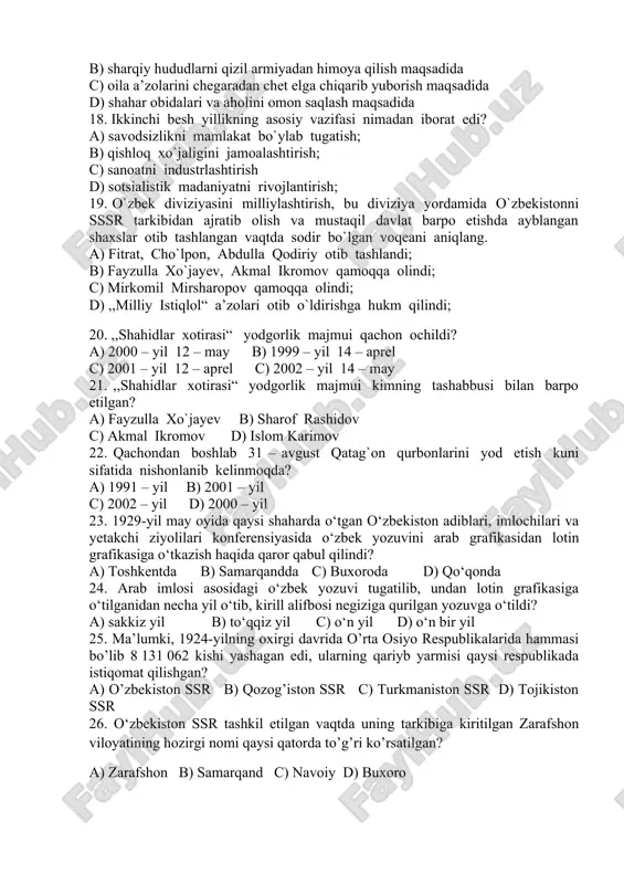 c) is’hoqxon ibrat d) muhammad ali baljuvoniy 17. amir olimxon qanday maqsadda amirlik poytaxtini tashlan buxoroning sharqiy tomoniga chekinadi? a) o’z jonini omon saqlash maqsadida b) sharqiy hududlarni qizil armiyadan himoya qilish maqsadida c) oila a’zolarini chegaradan chet elga chiqarib yuborish maqsadida d) shahar obidalari va aholini omon saqlash maqsadida 18. amir olimxon qanday maqsadda amirlik poytaxtini tashlan buxoroning sharqiy tomoniga chekinadi? a) o’z jonini omon saqlash maqsadida b) sharqiy hududlarni qizil armiyadan himoya qilish maqsadida c) oila a’zolarini chegaradan chet elga chiqarib yuborish maqsadida d) shahar obidalari va aholini omon saqlash maqsadida 18. ikkinchi besh yillikning asosiy vazifasi nimadan iborat edi? a) savodsizlikni mamlakat bo`ylab tugatish; b) qishloq xo`jaligini jamoalashtirish; c) sanoatni industrlashtirish d) sotsialistik madaniyatni rivojlantirish; 19. o`zbek diviziyasini milliylashtirish, bu diviziya yordamida o`zbekistonni sssr tarkibidan ajratib olish va mustaqil davlat barpo etishda ayblangan shaxslar otib tashlangan vaqtda sodir bo`lgan voqeani aniqlang. a) fitrat, cho`lpon, abdulla qodiriy otib …