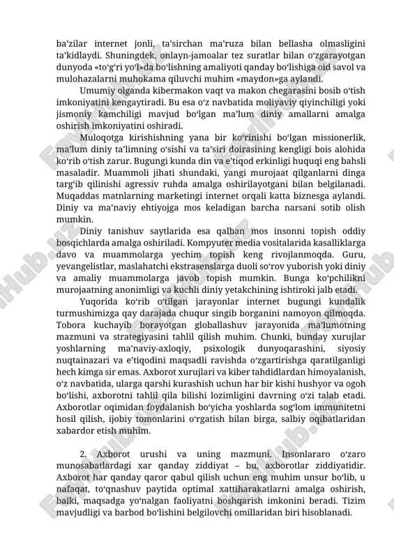 ilikda omma e’tiboridagina emas, balki istalgan kishi uchun veb saytlardan yuklab, ta’lim olish imkoniyati mavjud. internetning «liminal makon»i ma’naviy yoki diniy tajribaga (absorbsiya, asketlik, eskapizm, yagonalik, muloqot) yangi imkoniyatlar ochib bermoqda. hozirgi kunda ofisda faoliyat yurituvchilar hayot tarziga monand 10 daqiqali ma’naviy mashqlar tajriba orttirishga imkon beradi. zamonaviy sufiylar internet orqali bunday aloqalar vositasida murshid va murid o‘rtasidagi o‘zaro munosabatlar yaxshilanayotganini e’tirof etadilar. internet-radio kabi yangi texnologik imkoniyatlar yordamida tinglovchilarni «psixonavigatsion sayohatga» chorlaydilar. kompyuter-media vositalari diniy amaliyotga chuqur singib ketishi natijasida kibermakon muhim rituallar maydoniga hamda muayyan dinga targ‘ib qilish manbai va vositasiga aylangan. bundan tashqari jamiyatdan uzoqlashgan ma’lum bir yoshlar va ayollarni kiber-ma’naviyat rasmiy ibodatxonalardan ko‘ra ko‘proq o‘ziga jalb etadi. amaliy so‘rovlar esa mazkur jarayonlar kelajakda yoshlarni qamrab olishini ko‘rsatgan. ammo ba’zilar internet jonli, ta’sirchan ma’ruza bilan bellasha olmasligini ta’kidlaydi. shuningdek, onlayn-jamoalar tez suratlar bilan o‘zgarayotgan dunyoda «to‘g‘ri yo‘l»da bo‘lishning amaliyoti qanday bo‘lishiga oid savol va mulohazalarni muhokama qiluvchi …