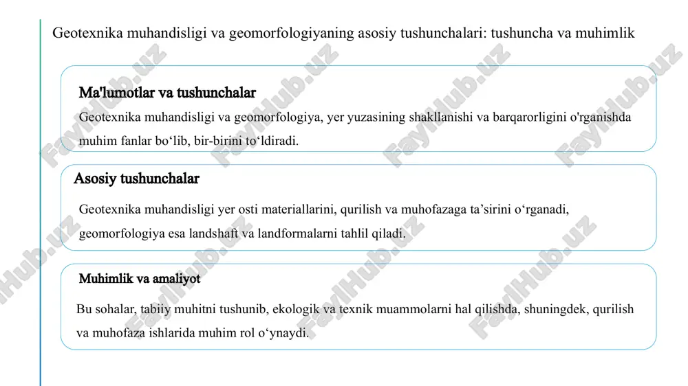 og‘iston, buxoro, qashqadaryo va surxondaryo viloyatlarida yer degradatsiyasi keskinlashgan. bu esa nafaqat ekologik, balki iqtisodiy muammolarni ham keltirib chiqarmoqda. landshaftlarni muhofaza qilish — bu tabiiy muhitni tiklash va barqaror rivojlanishni ta’minlash demakdir. texnik yondashuvlarning amaliy qo‘llanilishi texnik yondashuvlar asosan quyidagi choralarni o‘z ichiga oladi: 1. eroziyaga qarshi inshootlar qurish – terrasalash, to‘siqlar o‘rnatish, sug‘orish tizimlarini to‘g‘ri loyihalash. 2. melioratsiya va drenaj tizimlari – ortiqcha suvni chiqarish va sho‘rlanishni kamaytirish. 3. ko‘chki va sel xavfini kamaytirish inshootlari – tog‘li hududlarda sel yo‘llarini tozalash, to‘siqlar o‘rnatish. 4. tuproqni mustahkamlash – geotekstil, geomembrana va tabiiy o‘simliklar yordamida yer qatlamini himoya qilish. amaliy muammolar: moliyaviy resurslarning yetishmasligi – muhofaza inshootlarini qurish uchun katta xarajat talab qilinadi. texnologik imkoniyatlarning cheklanganligi – zamonaviy uskunalar va materiallar yetarli emas. kadrlar tayyorlash muammosi – ekolog, geomorfolog va muhandis mutaxassislar soni yetarli emas. hududiy muvofiqlashtirishning sustligi – loyihalarning hudud relyefi va tabiiy sharoitlariga mos ravishda bajarilmasligi. yechim yo‘llari: ekologik …