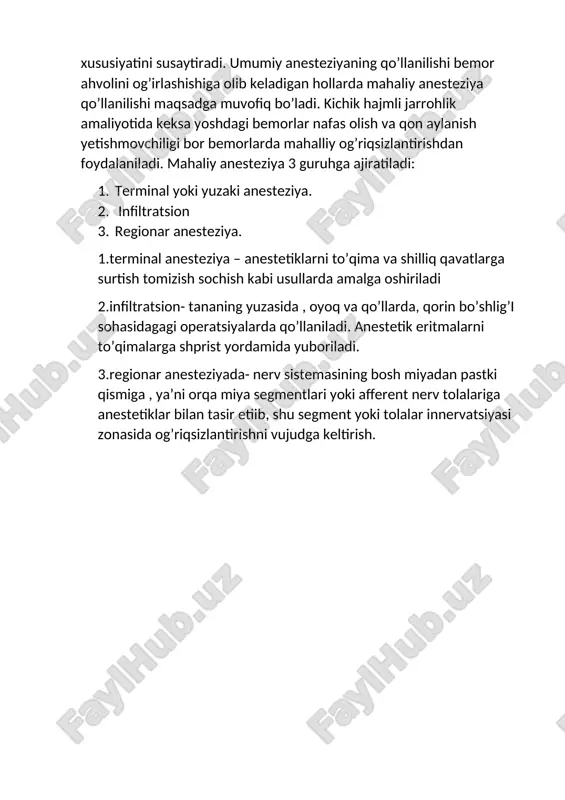 oshdagi bemorlar nafas olish va qon aylanish yetishmovchiligi bor bemorlarda mahalliy og’riqsizlantirishdan foydalaniladi. mahaliy anesteziya 3 guruhga ajiratiladi: 1. terminal yoki yuzaki anesteziya. 2. infiltratsion 3. regionar anesteziya. 1.terminal anesteziya – anestetiklarni to’qima va shilliq qavatlarga surtish tomizish sochish kabi usullarda amalga oshiriladi 2.infiltratsion- tananing yuzasida , oyoq va qo’llarda, qorin bo’shlig’i sohasidagagi operatsiyalarda qo’llaniladi. anestetik eritmalarni to’qimalarga shprist yordamida yuboriladi. 3.regionar anesteziyada- nerv sistemasining bosh miyadan pastki qismiga , ya’ni orqa miya segmentlari yoki afferent nerv tolalariga anestetiklar bilan tasir etiib, shu segment yoki tolalar innervatsiyasi zonasida og’riqsizlantirishni vujudga keltirish.