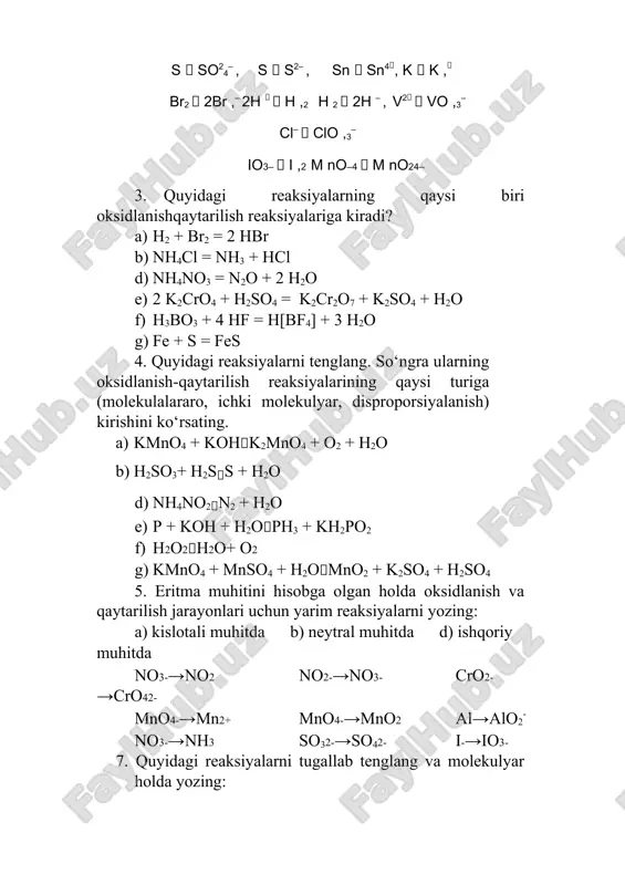 siyalarni yozing: a) kislotali muhitda b) neytral muhitda d) ishqoriy muhitda no3-→no2 →cro42- no2-→no3- cro2- mno4-→mn2+ mno4-→mno2 al→alo2- no3-→nh3 so32-→so42- i-→io3- 7. quyidagi reaksiyalarni tugallab tenglang va molekulyar holda yozing: 7. 79 g kaliy permanganat natriy oksalati bilan na2s2o4 kislotali sharoitda reaksiyaga kirishganda necha litr uglerodi (iv) oksid hosil bo‘ladi? (t = 27°c, p = 100 kpa. javob: 62,3 l ). 8. konsentrasiyasi 0,1 mol/l bo‘lgan 2 l vodorod sulfid eritmasini suyultirilgan sulfat kislota ishtirokida oksidlash uchun bir litrida 14 g kaliy dixromat erigan eritmadan qancha hajm olish kerak? (javob: 1,4 l ). 9. 2 g magniy 0,164 g vodorodni, 17,7 g kumushni va 10,5 g misni ularning birikmalaridan siqib chiqaradi. shu metallarning ekvivalentini toping. 10. 20 ml 0,05 n temir (ii) sulfatni titrlash uchun h2so4 ishtirokida 0,02 n kaliy permanganat eritmasidan qancha kerak? (javob: 50 ml). 11. quyidagi reaksiyalarga asoslanib qo‘rg‘oshin (iv) oksidning ekvivalentini hisoblang. a) 4 hcl + …