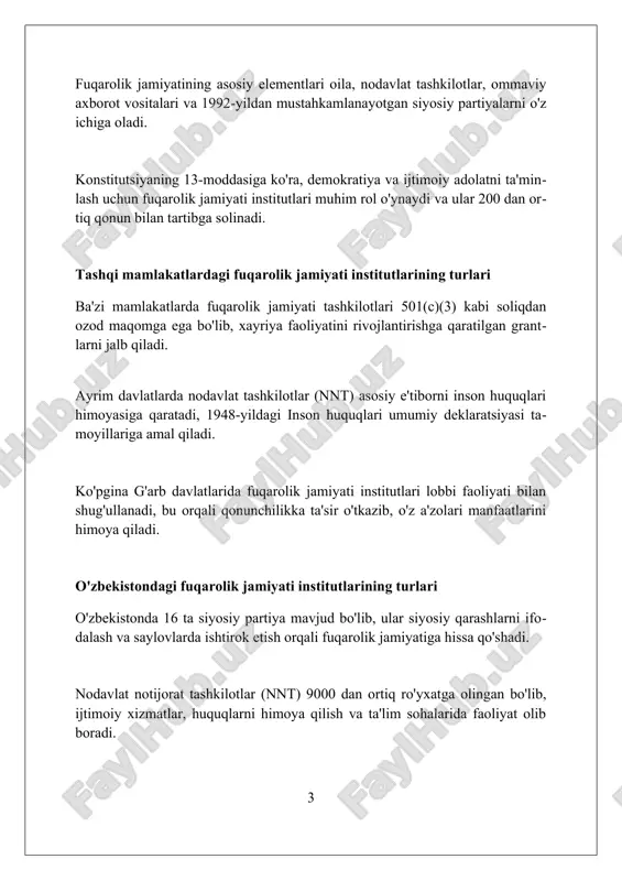 utlarining faoliyatini moliyalashtirish xorijda nntlar davlat grantlari, xususiy donorlar va a'zolik badallari orqali moliyalashtiriladi; ularning moliyalashtirish tuzilmasi qonunchilik bilan tartibga solinadi. ko'pgina davlatlarda fuqarolik jamiyati institutlari loyihalar asosida grantlarni oladi; masalan, yevropa ittifoqi fuqarolik jamiyatini rivojlantirish uchun yirik fondlarga ega. aqshda fondlar va xayriya tashkilotlari fuqarolik jamiyatini qo'llab-quvvatlashda muhim rol o'ynaydi, bu tashkilotlar soliq imtiyozlaridan foydalanadi. o'zbekistonda fuqarolik jamiyati institutlarining faoliyatini moliyalashtirish o'zbekistonda fuqarolik jamiyati institutlari davlat grantlari, ijtimoiy buyurtmalar va xalqaro tashkilotlar mablag'lari orqali moliyalashtiriladi. bu 2021-yilda qabul qilingan qonun bilan tartibga solinadi. nodavlat notijorat tashkilotlar o'zbekistonda o'z faoliyatini a'zolik badallari, xayriya mablag'lari va tadbirkorlik faoliyatidan olingan daromadlar hisobidan moliyalashtirish huquqiga ega. o'zbekistonda 2022-yildan boshlab davlat fuqarolik jamiyati institutlariga ajratiladigan mablag'lar hajmi oshirilgan, bu esa ularning loyihalarini amalga oshirish imkoniyatini kengaytirdi. tashqi mamlakatlardagi fuqarolik jamiyati institutlarining asosiy vazifalari va rollari fuqarolik jamiyati institutlari davlat siyosatini shakllantirishda ishtirok etadi, masalan, lobbi orqali 5% gacha qonun loyihalarini muhokama qilishda aktiv qatnashadi. …