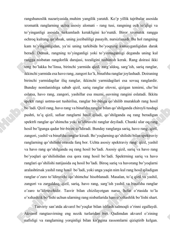 ng va binafsha ranglar. xix asrda nemis tabiatshunos olimi g.l.gelmgolts rangshunoslik nazariyasida muhim yangilik yaratdi. ko’p yillik tajribalar asosida xromatik ranglarning uchta asosiy alomati - rang tusi, rangning och to’qligi va to’yinganligi asosida turkumlash kerakligini ko’rsatdi. biror xromatik rangga ochroq kulrang qo’shsak, uning jozibaliligi pasayib, nursizlanadi. bu hol rangning kam to’yinganligidan, ya’ni uning tarkibida bo’yoqning kamayganligidan darak beradi. demak, rangning to’yinganligi yoki to’yinmaganligi deganda uning kul rangga nisbatan rangdorlik darajasi, tozaligini tushinish kerak. rang doirasi ikki teng bo’lakka bo’linsa, birinchi yarmida qizil, zarg’aldoq, sarg’ish, sariq ranglar, ikkinchi yarmida esa havo rang, zangori ko’k, binafsha ranglar joylashadi. doiraning birinchi yarmidagilar iliq ranglar, ikkinchi yarmidagilari esa sovuq ranglardir. bunday nomlanishiga sabab qizil, sariq ranglar olovni, qizigan temirni, cho’lni eslatsa, havo rang, zangori, yashillar esa muzni, suvning rangini eslatadi. ikkita spektr rangi ustma-ust tushirilsa, ranglar bir-biriga qo’shilib murakkab rang hosil bo’ladi. qizil rang, havo rang va binafsha ranglar bilan qo’shilganda chiroyli tusdagi pushti, …