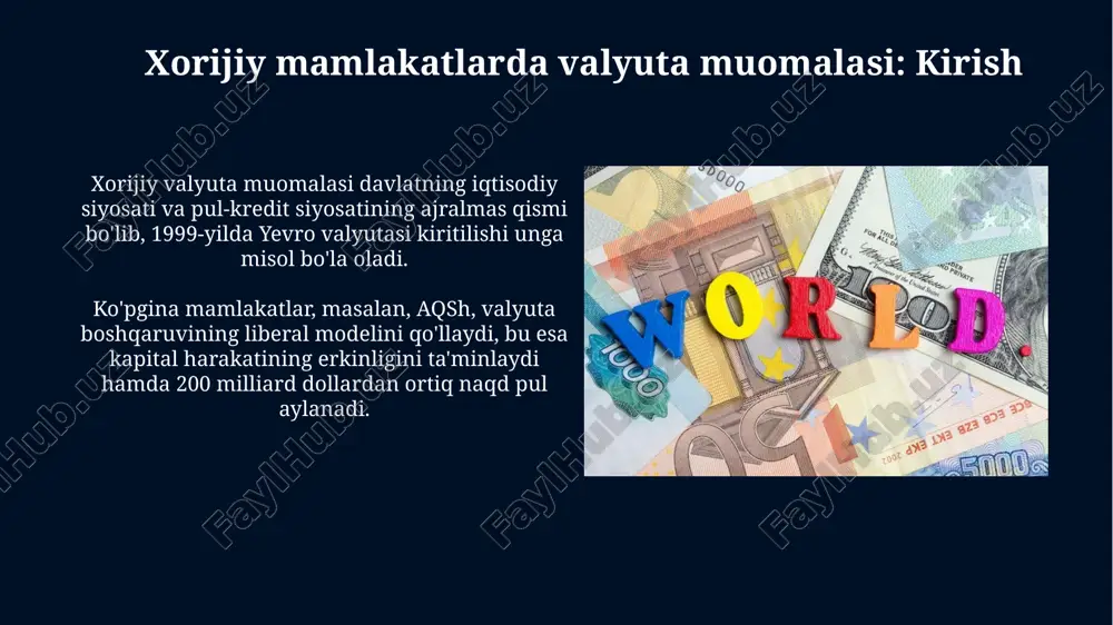 imer materialdan tayyorlangan bo'lib, bu uning muddatini sezilarli darajada uzaytiradi va soxtalashtirishga qarshi xususiyatlarini yaxshilaydi, xizmat muddati taxminan 2.5 barobar uzunroqdir. kanada banki inflyatsiyani 1-3% oralig'ida ushlab turishga qaratilgan inflyatsion targetlash siyosatini olib boradi, bu valyuta barqarorligini ta'minlashga va xarid qobiliyatini saqlashga yordam beradi. avstraliya dollarining muomalasi avstraliya dollarining (aud) muomalasi polimer banknotlardan foydalanadi, bu esa ularning qalbaki pul yasashga chidamliligini oshiradi va xizmat muddatini 2-4 baravar uzaytiradi. avstraliya dollarining muomalasida 5, 10, 20, 50 va 100 dollarlik banknotlar mavjud boʻlib, ularning qiymati va dizayni turli xil xavfsizlik xususiyatlariga ega. rivojlanayotgan mamlakatlarda valyuta muomalasi (misollar) rivojlanayotgan mamlakatlarda naqd pulga yuqori bog'liqlik mavjud, chunki bank hisoblari kamroq va 60% dan ortiq transaktsiyalar naqd pul orqali amalga oshiriladi. ko'pgina rivojlanayotgan mamlakatlarda dollarlashuv tendensiyasi kuzatiladi, bu erda aqsh dollari parallel valyuta sifatida qabul qilinadi va 30% dan oshiq muomalada bo'lishi mumkin. markaziy banklarning roli markaziy banklar inflyatsiya darajasini 2-3% maqsadli ko'rsatkichda ushlab turish …
