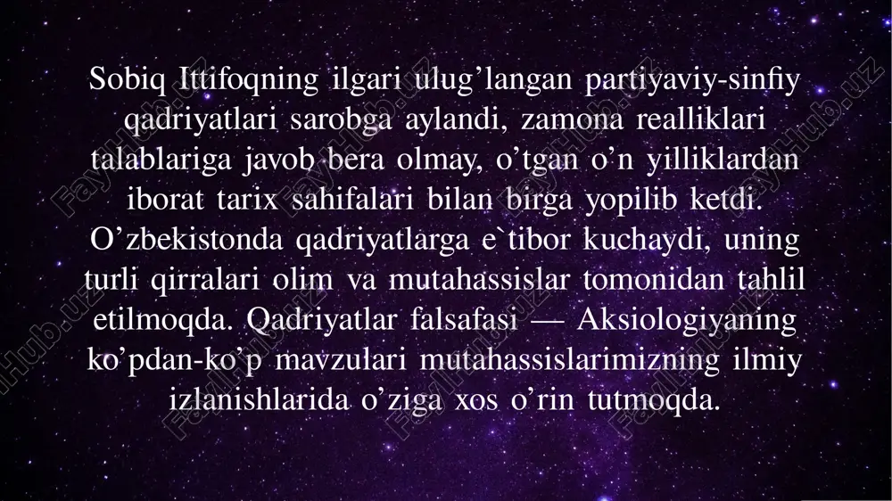 asida islomni civilizaciyamizning yuksak madaniyati nuqtai nazaridan tarqib va tashviq etdilar, islom falsafasini yuksaklikka ko’tardilar, mazkur dinning butun jahonda katta mavqega ega bo’lishida muhim faoliyat ko’rsatdilar. bu esa ushbu zotlarning nomlarini islom dini jahon sahnida qancha tursa, shunga qadar boqiy ayladi. ularning islom falsafasi va ilohiyotiga, uni zamona zayllari orasidan o’tishi jarayoniga ko’rsatgan nihoyatda katta ta`siri tug’risida mahsus tadqiqotlar olib borish mumkin. afsuski, manbalar etarli bo’lishiga qaramasdan, yurtimiz sivilizatsiyasining islom dini rivojiga va azaliy islom mamlakatlarining madaniyati taraqqiyotiga aks ta`siri tug’risida yozilgan asarlar haligacha kam, bu tug’rida keng qamrovli tadqiqotlar olib borish zaruriyati allaqachon etilgan. masalaning muhimligi atoqli ensiklopedik olimlar — xorazmiy, farobiy, beruniy, ibn-sino, al-farg oniy kabi ʻ sivilizatsiyamizning zabardast namoyandalari ijodi va me'rosi ko’zgusida yanada yaqqolroq namoyon bo’ladi. zero, ular nafaqat markaziy osiyo, arab-musulmon sivilizatsiyasi, balki jahon madaniyati taraqqiyotiga nihoyatda katta hissa qo’shganlar, yurtimiz qadriyatlari ta`sirini butun olamga yoyilishida hizmat qilganlar. shu bilan birga, umum insoniy madaniyatning bebaho …