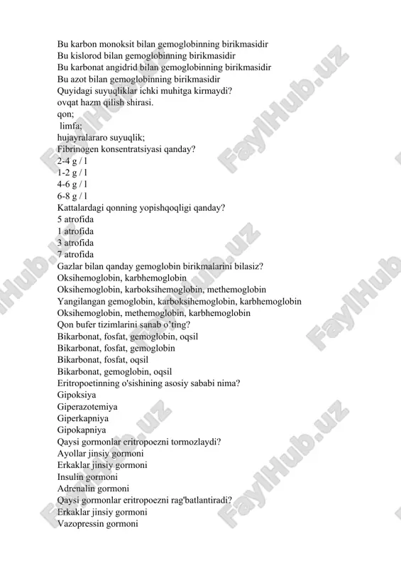 ethemoglobin globin qaysi hujayralar gemoglobinni o'z ichiga oladi? qizil qon hujayralari limfotsitlar lenfoblastlar monositlar erkaklarda gemoglobin miqdori teng? 130-160 g / l 60-80 g / l 90-110 g / l 120-140 g / l qaysi rang ko'rsatkichi normal? 0,85-1,05 1,0-2,0 3,0-5,0 5,0 qizil qon hujayralarida nemirning o'rtacha miqdori? 26-33 pg. 0,85-1,05 80-100 mkm3 36-42 %.