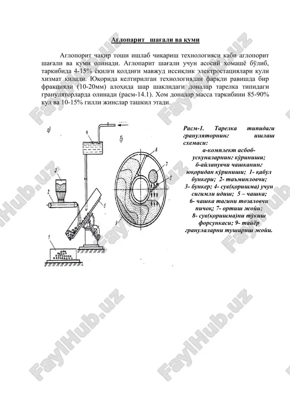 miqdorini chegaralash uchun natriy sirka kislota aralashmasida sinov ishlari bajariladi, bunda uch tsikl aralashmaga solish va quritishda massa yo'qotilishi 5%dan oshmasligi kerak. agloporit qumi uchun donadorlik tarkibi normaga keltiriladi. qumning qizdirishda massa yo'qotishi 5% gacha ruxsat etiladi. agloparit shag'ali va qumi agloporit chaqir toshi ishlab chiqarish texnologiyasi kabi agloporit shag'ali va qumi olinadi. agloparit shag'ali uchun asosiy xomashyo bo'lib, tarkibida 4-15% yoqilg'i qoldig'i mavjud issiqlik elektrostatsiyalari kuli xizmat qiladi. yuqorida keltirilgan texnologiyadan farqli ravishda bir fraktsiyali (10-20mm) alohida shar shaklidagi donalar tarelka tipidagi granulyatorlarda olinadi (rasm-14.1). xom donalar massa tarkibini 85-90% kul va 10-15% gilli jinslar tashkil etadi. rasm-1. tarelka tipidagi granulyatorning ishlash sxemasi: a-komplekt asbob-uskunalarning ko'rinishi; b-aylanuvchi chashkaning yuqoridan ko'rinishi; 1- qabul bunkeri; 2- ta'minlovchi; 3- bunker; 4- suv(qorishma) uchun sig'imli idish; 5 – chashka; 6- chashka tagini tozalovchi pichoq; 7- ortish joyi; 8- suv(qorishma)ni to'kish forsunkasi; 9- tayyor granulalarni tushirish joyi. ishlab chiqarishning texnologik sxemasi kul sarflash benkeri …