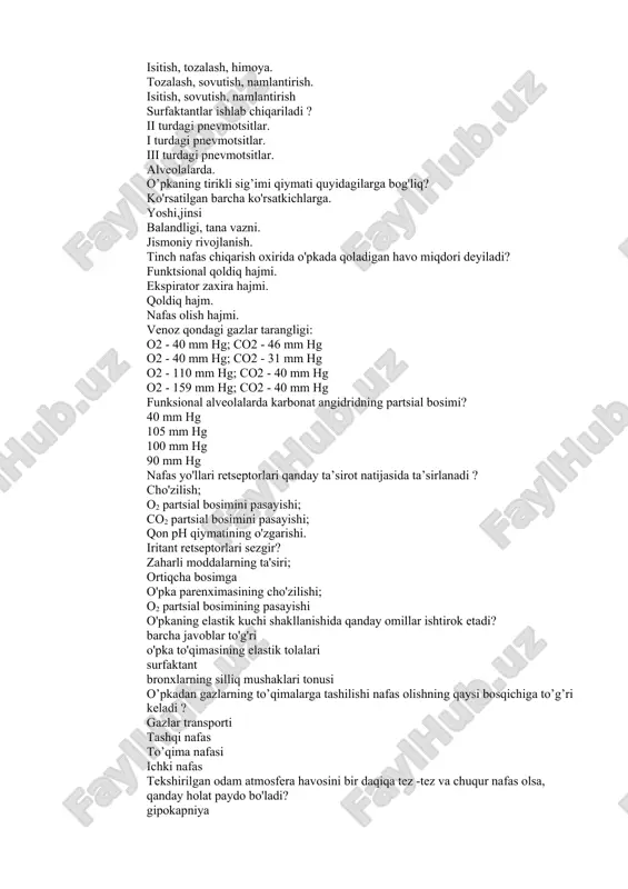 g o'zgarishi. iritant retseptorlari sezgir? zaharli moddalarning ta'siri; ortiqcha bosimga o'pka parenximasining cho'zilishi; o2 partsial bosimining pasayishi o'pkaning elastik kuchi shakllanishida qanday omillar ishtirok etadi? barcha javoblar to'g'ri o'pka to'qimasining elastik tolalari surfaktant bronxlarning silliq mushaklari tonusi o’pkadan gazlarning to’qimalarga tashilishi nafas olishning qaysi bosqichiga to’g’ri keladi ? gazlar transporti tashqi nafas to’qima nafasi ichki nafas tekshirilgan odam atmosfera havosini bir daqiqa tez -tez va chuqur nafas olsa, qanday holat paydo bo'ladi? gipokapniya giperkapniya asfiksiya gipoksemiya chiqariladigan (alveolar) havodagi gazlar tarkibi ? o2 - 13,5%, co2 - 5,3%, n2 - 74,9%, pari n2o - 6,3% o2 - 20,85%, so2 - 0,03%, n2 - 78,62%, pari n2o - 0,5% o2 - 10,0%, co2 - 5,5%, n2 - 78,0%, pari n2o - 6,5% o2 - 15,5%, co2 - 15,3%, n2 - 72,9%, pari n2o - 6,3%