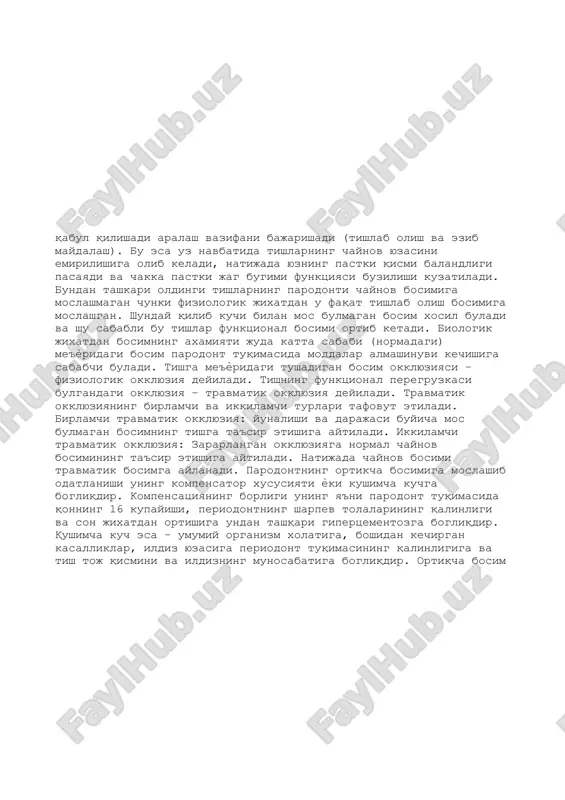 taraf etilsa, uz xolatiga keladi. agar bular kilinmasa – kompensator xossalari tuxtaydi va natijada distrofik xolatlar, alveolyar suyaklarning rezorbtsiyasi, alveolyar periodontal bo'shliqning kengaishi kabi uzgarishlar kelib chiqadi. shunda, patologik jaraѐnning kechishi davom etadi ya'ni tishlarning kimirlashi, periodont bushliqning kengayishi va patologik chuntaklarning xosil bulishi kuzatiladi, ikkinchi tomondan esa tish alveolyar kontaktining pasayishi kuzatiladi. tish statikasining buzilishi va qimirlash optik tudasining ortishi natijasida distrofiya jaraѐni kuchayadi. natijada uchi bulmagan xalka paydo buladi: ya'ni parodont distrofiyasi – funktsional ortiqcha bosimni – oxirgisi uz urnida parodont distrofiyasini kuchaytiradi. rentgenogramma … esa periodont bushlig'ining kengayishi va alveolyar usiqning distruktsiyasiga olib keladi. bunday belgilar simptomlar majmuasi: - patologik qimirlash - alveolyar qismning rezorbtsiyasi - tish ildizining ochilib qolishi - kirgok gingivit - tishning siljishi - funktsional bosim ortikligi travmatik sindromga xosdir. bu esa dekompensatsiya boskichi bilan xarakterlanadi. 4. antogonisti bulmagan tishlar kismida (funktsiyalanmagan kismi) bilinarli darajada o'zgarish kuzatiladi. bu uzgarishlar tishning antogonisti ѐki ѐn tayanch …