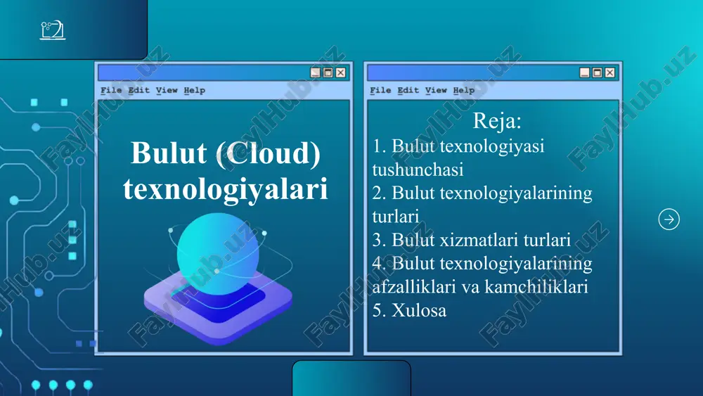 blash resurslaridan foydalangan holda o‘z ishini bajaradi. bu yondashuvning asosiy maqsadi — foydalanuvchini texnik murakkabliklardan xalos etish, vaqt va xarajatlarni kamaytirish, hamda resurslardan samarali foydalanishni ta’minlashdir. shuningdek, bulut tizimlari har qanday joydan va istalgan qurilmadan xizmatlarga ulanish imkonini beradi, bu esa zamonaviy raqamli infratuzilmaning ajralmas qismiga aylangan. bulut texnologiyalarining asosiy g‘oyasi bulut texnologiyalarining turlari bulutli hisoblash texnologiyalari uchta asosiy xizmat turi orqali foydalanuvchilarga taqdim etiladi: iaas, paas va saas. har biri o‘ziga xos darajadagi boshqaruv, moslashuvchanlik va qulaylikni ta’minlaydi. 1. iaas (infrastructure as a service) – bu infratuzilma darajasidagi xizmat bo‘lib, foydalanuvchilarga virtual serverlar, tarmoqlar va saqlash joylarini ijaraga olish imkonini beradi. masalan, amazon web services (aws) yoki microsoft azure platformalari. 2. paas (platform as a service) – dastur ishlab chiqish uchun tayyor platformani taqdim etadi. dasturchilar o‘z ilovalarini yaratish, sinovdan o‘tkazish va ishga tushirishlari mumkin, lekin tizimni boshqarish bilan shug‘ullanmaydilar. misol uchun, google app engine, heroku. 3. saas (software …