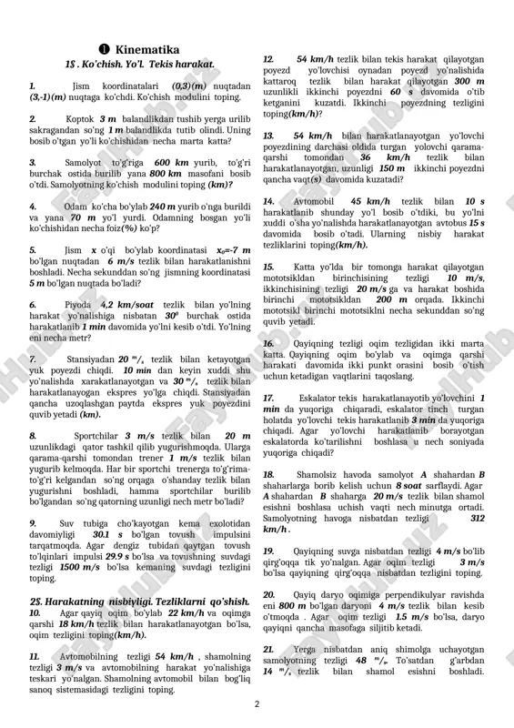 h minutga ortadi. samolyotning havoga nisbatdan tezligi 312 km/h . 19. qayiqning suvga nisbatdan tezligi 4 m/s bo’lib qirg’oqqa tik yo’nalgan. agar oqim tezligi 3 m/s bo’lsa qayiqning qirg’oqqa nisbatdan tezligini toping. 20. qayiq daryo oqimiga perpendikulyar ravishda eni 800 m bo’lgan daryoni 4 m/s tezlik bilan kesib o’tmoqda . agar oqim tezligi 1.5 m/s bo’lsa, daryo qayiqni qancha masofaga siljitib ketadi. 21. yerga nisbatdan aniq shimolga uchayotgan samolyotning tezligi 48 m/s. to’satdan g’arbdan 14 m/s tezlik bilan shamol esishni boshladi. samolyotning shamol esishni boshlagandan so'ng yerga nisbatdan tezligi qanday. 22. ikki velosipedchi o’zaro perpendikulyar yo’llarda 10,8 km/h va 14,4 km/h tezliklar bilan harakatlanishmoqda. ularning nisbiy harakat tezliklarini toping(km/h). 23. bir punktdan o’zaro tik yo’llarda ikki avtomobil 60km/soat va 80km/soat tezlik bilan yo’lga chiqdi. bu avtomobillar bir-biridan qanday tezlik bilan uzoqlashmoqda(km/soat). 24. avtobus stansiyada turganda yomgir tomchilari deraza oynalarida vertikal chiziqlar qoldiradi, avtobus 72 km/soat tezlik bilan harakatlanayotganda tomchi izlari …
