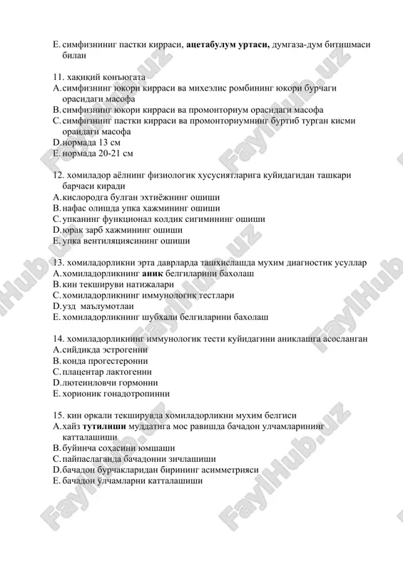 hishi 0. yurak zarb xajmining oshishi 0. upka ventilyatsiyasining oshishi 13. xomiladorlikni erta davrlarda tashxislashda muxim diagnostik usullar 1. xomiladorlikning anik belgilarini baxolash 1. kin tekshiruvi natijalari 1. xomiladorlikning immunologik testlari 1. uzd ma'lumotlai 1. xomiladorlikning shubxali belgilarini baxolash 14. xomiladorlikning immunologik testi kuyidagini aniklashga asoslangan 1. siydikda estrogenni 1. konda progesteronni 1. platsentar laktogenni 1. lyuteinlovchi gormonni 1. xorionik gonadotropinni 15. kin orkali tekshiruvda xomiladorlikni muxim belgisi 1. xayz tutilishi muddatiga mos ravishda bachadon ulchamlarining kattalashishi 1. buyincha sohasini yumshashi 1. paypaslaganda bachadonni zichlashishi 1. bachadon burchaklaridan birining asimmetriyasi 1. bachadon o'lchamlarni kattalashishi