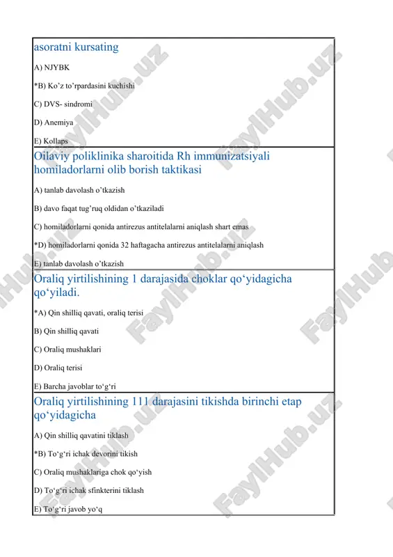inik tor chanoq b) homilani ko’ndalang joylashishi *c) muddatdan oldin qog’onoq suvlarining ketishi d) diskordinirlashgan tug’ruq faoliyati e) eklampsiya anemiyada homiladorlikka qarshi ko’rsatma a) foliy yetishmasligi anemiyasi b) surunkali temir tanqisligi anemiyasi i ii daraja *c) gemolitik anemiya d) anamnezida postgemorragik anemiya e) eklampsiya arterial qon bosim va proteinuriyasi mavjud bemorlarda qattiq bosh og’rig’i nimani belgisi hisoblanadi? a) yengil preeklampsiya *b) og’ir preeklampsiya c) eklampsiya d) xavf soluvchi eklampsiya e) eklampsiya bachadon chandig’i mavjud ayollarda homiladorlik davrida qanday asorat yuzaga keladi a) homila o’limi *b) chandiq bo’ylab bachadon yorilishi c) qon bosimini oshishi d) tez tez siyish e) såmizlik bachadon devori yirtilishi havfi klinikasida bachadon devoridagi o‘zgarishlar qo‘yidagilar bilan kechadi *a) bachadon pastki segmenti og‘riqliligi b) tug‘ruq dardlarining kuchliligi c) siydik ajralishining qiyinlashishi d) bachadon bo‘yni shishi e) to‘g‘ri javob yo‘q bachadon yirtilganining klinik belgisi emas *a) tug’ruq to’xtatishi b) tug‘ruq faoliyatining to‘xtashi c) qoringa tarqaluvchi og‘riq d) shok bilan …