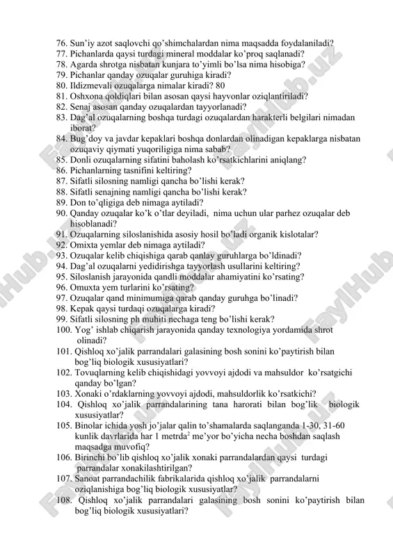 adi? 62. aminokislotalarning tasnifini aniqlang? 63. ozuqa tarkibidagi azotli moddalarga qaysi moddalar kiradi? 64. makroelementlarga qaysi elementlar kiradi? 65. eng muhim -kritik- aminokislotalarga qaysi aminokislotalar kiradi? 66. karotin bu….? 67. yog’da eruvchi vitaminlarga qaysi vitaminlar kiradi? 68. suvda eruvchi vitaminlarga qaysi vitaminlar kiradi? 69. vitaminlar quyidagi guruhlaga bo’linadi? 70. qanday modalar energiya beruvchi moddalar hisoblanadi? 71. nima uchun ratsionda kletchatka miqdori nazorat qilinadi? 72. vitaminlar qanday xususiyatiga qarab klassifikasiya qilinadi? 73. azotsiz ekstrakt moddalarni vakillarini ko’rsating? 74. ozuqa deganda nimani tushinasiz? 75. oziqalar to’yimliligi nimaga bog’liq? 76. sun’iy azot saqlovchi qo’shimchalardan nima maqsadda foydalaniladi? 77. pichanlarda qaysi turdagi mineral moddalar ko’proq saqlanadi? 78. agarda shrotga nisbatan kunjara to’yimli bo’lsa nima hisobiga? 79. pichanlar qanday ozuqalar guruhiga kiradi? 80. ildizmevali ozuqalarga nimalar kiradi? 80 81. oshxona qoldiqlari bilan asosan qaysi hayvonlar oziqlantiriladi? 82. senaj asosan qanday ozuqalardan tayyorlanadi? 83. dag’al ozuqalarning boshqa turdagi ozuqalardan harakterli belgilari nimadan iborat? 84. bug’doy va …