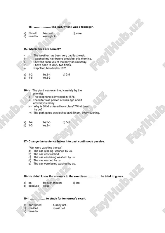 6-b 6-e 6-b 6-c 6-d 22- find the suitable answer a: how long have you worked at this hospital? b: ……………………………………………… a) i worked since 1990. b) i was working last year. c) i have worked since 1990. d) i have worked for 1995. e) i have already worked at this hospital. 23-put each item under the correct heading. 1- soda cans a- paper 2- coffee jars b- clothes 3- cassette tapes c- glass 4- sugar boxes d- plastic 5- old jeans e- metal a) 1-d b) 1-c c) 1-a d) 1-b e) 1-e 2-e 2-d 2-b 2-a 2-c 3-c 3-e 3-c 3-c 3-d 4-b 4-b 4-d 4-e 4-a 5-a 5-a 5-e 5-d 5-b 24-match the letters with the numbers. a) mr. johns used to type his letters by a typewriter. b) students used to get information from encyclopedias. c) people used to call friends on the phone. d) kevin …