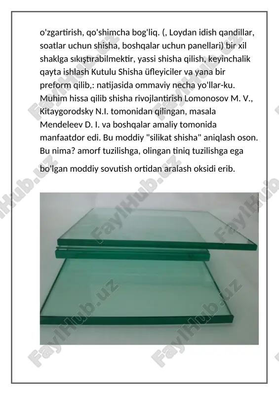 3+sio2→casio3+co2; na2co3+sio2→na2sio3+co2 shisha hosil boʻlish jarayoni. caco3+na2co3+6sio2→na2o*cao*6sio2+co2 na2co3 oʻrniga k2so3 ishlatilsa labaratoriyada ishlatiladigan idishlar tayyorlashda foydalanish mumkin. caco3+k2co3+6 sio2→k2o*cao*6sio2+co2 rangli shishalar turli moddalar qoʻshib olinadi. agar shishaga kobalt (ii) oksidi qoʻshilsa och havorang, xrom (iii) oksidi qoʻshilsa yashil rang, temir (ii) oksidi qoʻshilsa toʻq yashil rang, mis (i) oksidi qoʻshilsa qizil rang, oltin qoʻshilsa rubin hosil boʻladi. shisha tolalardan issiqlik va elektroizolyatsiyalovchi xususiyati gazlamalar, kislotaga chidamli materiallar tayyorlanadi. shishadan boshqa turlari zamonaviy texnologiyalar qo'shimcha sifatli söz shisha berishga imkon beradi. ulardan eng qiziqarli va ommabop bo'lgan: smart shisha: tashqi sharoitlar ta'siri ostida uning xususiyatlarini o'zgartiradi material turi. elektr joriy mahsulot xira bo'lib masalan, tutashuv chiqib ketish paytida shaffof holiga qaytadi. shisha tolalar (shisha tolali) ingichka (mikron o'lchanadi) ip materiallar chizib olinadi. ularning etarlicha egiluvchan materiallar yaratish. hokazolar tolasi, izolyatsiyalash materiallari ishlab chiqarish uchun ishlatiladi, va. shisha aniqlanishi: agar kesilgan nazar, agar oddiy soda-ohak, shisha bir yashil yoki kul rang bo'lib, …