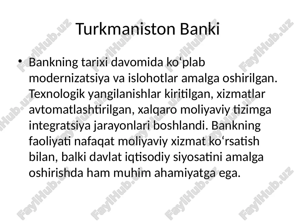 chlari bankning ishonchliligi va raqobatbardoshligini ko‘rsatadi. bankning moliyaviy faoliyati mamlakat iqtisodiy barqarorligini mustahkamlashga xizmat qiladi. xulosa: turkmaniston banki mamlakat moliyaviy tizimining yetakchi instituti bo‘lib, raqamli va innovatsion xizmatlarni rivojlantirishga katta e’tibor beradi. bank milliy va xalqaro moliyaviy barqarorlikni ta’minlaydi, yirik loyihalarni moliyalashtiradi, iqtisodiy o‘sishga hissa qo‘shadi va mamlakatning moliyaviy mustaqilligini mustahkamlaydi. /docprops/thumbnail.jpeg