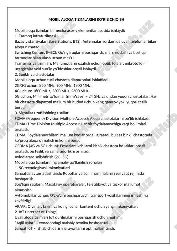 o‘proq elektr energiyasini talab qiladi. 4. sog‘liq uchun xavf-masalasi: elektromagnit nurlanishlar haqidagi bahslar hali ham davom etmoqda. 5g texnologiyasining kelajagi 5g – mobil texnologiyaning eng yangi avlodi bo‘lib, u quyidagi innovatsion xizmatlarni joriy etishga imkon beradi: 1. tibbiyot masofaviy operatsiyalar: jarrohlar 5g tarmog‘i orqali robotlarni boshqarib, operatsiyalar o‘tkazishi mumkin. tezkor diagnostika: yuqori tezlikda tahlillarni yuborish va natijalarni olish. 2. avtomatlashtirilgan transport avtonom avtomobillar bir-birlari bilan va infratuzilma bilan aloqa qiladi. tirbandliklarni kamaytirish uchun real vaqtli navigatsiya. 3. o‘yinlar va vr/ar bulutli o‘yinlar (cloud gaming) – kuchli kompyuterlarsiz yuqori sifatli o‘yin o‘ynash. virtual va kengaytirilgan haqiqat (vr/ar) ta’lim, sog‘liqni saqlash va ko‘ngilochar sohalarda qo‘llaniladi. 4. aqlli shaharlar real vaqt rejimida harorat, ifloslanish va transport holatini kuzatish. energiya samaradorligini oshirish uchun iot sensorlari. mobil aloqa operatorlarining kelajagi 1. sun’iy intellekt (ai) integratsiyasi mobil operatorlar ai orqali quyidagi imkoniyatlarni taqdim etmoqda: tarmoqni optimallashtirish. mijozlarga xizmat ko‘rsatishni avtomatlashtirish (masalan, virtual yordamchilar orqali). 2. bulutli …