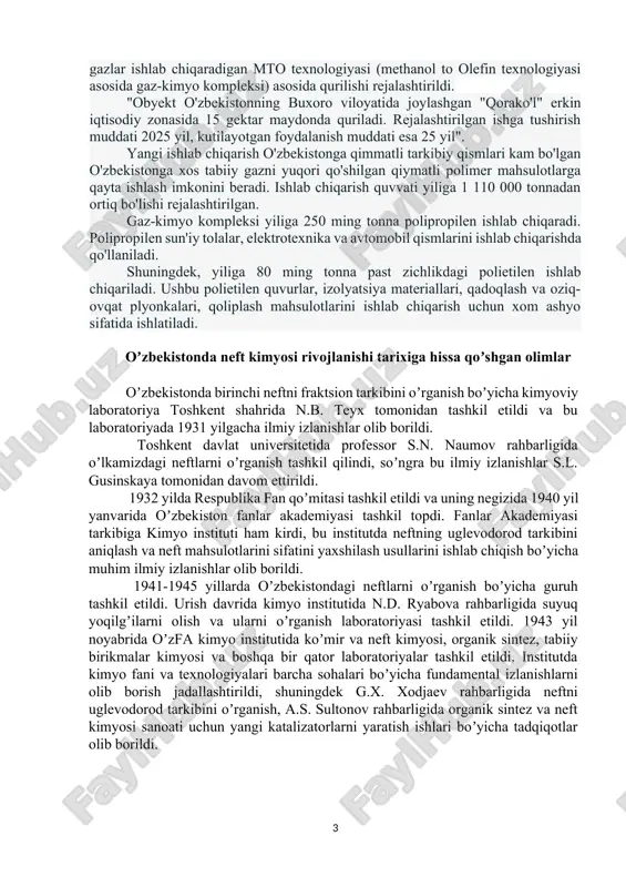 xalq xo‘jaligi uchun muhim bo‘lgan quyidagi vazifalari yechadi: 1. kimyoviy ishlab chiqarish uchun o‘lchamsiz xom ashyo bazasini vujudga keltirish. 2. avvallari kimyoviy sanoatga xom ashyo qilib ishlatilgan ko‘p miqdordagi qimmatli oziq-ovqat materiallarini tejash. 3. kimyoviy mahsulotlar tannarxini va ularni ishlab chiqarishdagi mehnat sarflarini hamda zavodlar qurilishida ketadigan kapital xarajatlari kamaytirish. 4. ishlab chiqarilayotgan kimyoviy mahsulot hajmini bir necha bor ko‘paytirish. 5. mavjud bo‘lgan xom ashyo manbalari asosida ilgari amalda mumkin bo‘lmagan yangi neftkimyoviy jarayonlari vujudga keltirish. neft kimyo sanoatini katta iqtisodiy samaradorligi uni tez sur’atlar bilan rivojlanishini belgilaydi. sanoatning boshqa turlariga nisbatan kimyo sanoati 1,5-2 barobar tez rivojlanayapti. kimyo va neft kimyo sanoati rivoji 1971 -7 5 -yillarda 1,7 barobar, shu jumladan plastmassalar va sintetik smolalar-2, kauchuklar-1 ,7, maishiy kimyo tovarlari-1 ,9 barobar oshgan. neft kimyo sanoati o‘zichiga quyidagi bo‘limlarni oladi: - neftkimyoviy sintez uchun xom ashyo ishlab chiqarish; - uglevodorodlarni oksidlab va boshqa usullar (gidratatsiya, formilirlash va boshqalar) bilan …