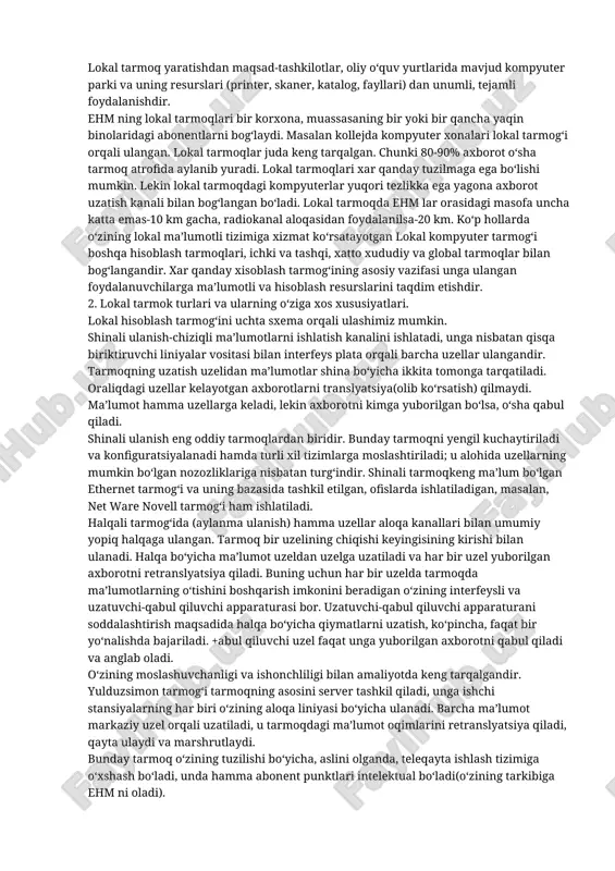 ullari ko‘p va ular takomillashib turadi. telefon orqali internet bilan ishlashni ikki yuli bor. kommutatsiya qilinuvchi kanalga terminal kirish va internet qaydnomasiga kommutatsiya orqali kirish. terminal kirishda foydalanuvchi kompyuteri go‘yoki terminaldek (ma’lumotni komputerga kirituvchi kurilma) bo‘lib, uzoqdagi kompyuter (internet orkali ulangan) bo‘lsa, sizning kompyuteringizday bo‘ladi. internet qaydnomasiga qo‘shimcha imkoniyatidan foydalaniladi. internet ga ulanishning ikala usuli birgalikda ishlasa, u albatta yaxshi natija beradi. terminal kirishda foydalanuvchi o‘z kompyuteridagi modem va kommunikatsiya dasturlari yordamida o‘z provayderiga uy telefonidan qo‘ngiroq qilinadi va uzoqlashgan kompyuter modemi javobidan so‘ng u bilan ulanadi. bu holda foydalanuvchi kompyuteri endi uzoqlashgan kompyuterga ulangan terminaldek ishlaydi va uzoqdagi komyuter bilan bog‘lanib, o‘z nomingiz (log bilan) va parolingizni kiritasiz. internetga kirgandan so‘ng undan dunyo bo‘ylab sizni qiziqtirgan barcha masalalar bo‘yicha sayohat qilish imkoniyati paydo bo‘ladi. kommutatsiya yullari orqali ip bog‘lanishda foydalanuvchi modemi provayder kompyuteriga bog‘lanadi (telefon orkali). bunday bog‘lanishning mohiyati shundan iboratki, bu xolda tcpfip qaydnomasi formatida maxsus qaydnoma asosida …