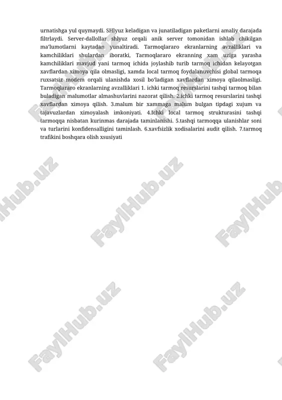 tizimningzaifqismlariniyashirishbilan internet tomonidan uyushtiriladigan hujumlardan himoyalash; • barchatrafiklarnibayonlashtirish; • ichki ma’lumotlarni, masalan tarmoq topologiyasini, tizim nomlarini, tarmoq uskunalarini va foydalanuvchilarning identifikatorlarini internetdan yashirish; • ishonchli autentifikatsiyani ta’minlash. tarmoqlararoekranlarning komponentlari sifatida quyidagilarni keltirish mumkin: fil’trlovchi -yullovchi; tarmoq, darajasidagi shlyuzlar; amaliy darajadagi shlyuzlar. fil’trlovchi-yullovchi ya’ni kompyuter tarmogida ma’lumotlarni manzilga etkazuvchi dasturlar paketi yoki serverdagi dastur bo‘lib, u kiradigan va chikadigan paketlarni filtrlaydi. paketlarni filtrlash, ya’ni ularni aniqlup lamga tegishliligini tekshirish, tcp/ip sarlavxasidagi ma’lumotlar buyicha amalga oshiriladi. filtrlashni aniq xost-kompyuter, ya’ni tarmoqdagi fayl va kompyuter zaxiralariga kirishni amalga oshiruvchi kompyuter yoki port, ya’ni xabarlarni junatish yoki qabul qilish maqsadida mijoz va server tomonidan ishlatiladigan va odatda 16 bitli son bilan nomlanadigan dastur bilan ulanishda amalga oshirish mumkin. masalan, foydalanuvchiga keraksiz yoki ishonchsiz xost-kompyuter va tarmoqlar bilan ulanishda takiklash. filtrlash qoidalarini ifodalash qiyin jarayon bo‘lib, ularni testlash vositalari mavjud emas. birinchi qoida buyicha, internetdan keladigan tcp paketi junatuvchining porti 1023 dan katta bulsa, 123.4.5.6 …
