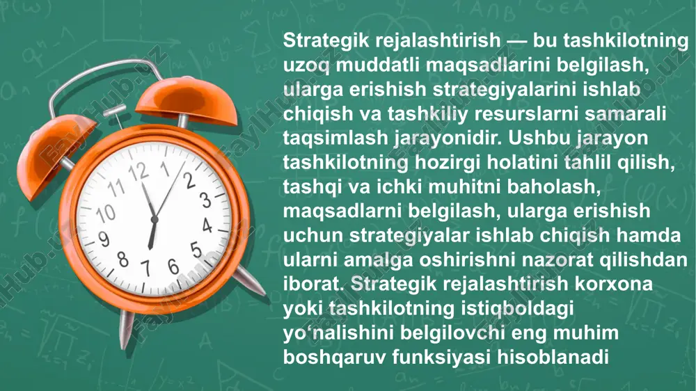 monaviy sharoitda strategik rejalashtirish korxona boshqaruv tizimining ajralmas qismi bo‘lib, u innovatsion yondashuv, axborot texnologiyalaridan samarali foydalanish va xalqaro standartlarga mos strategik fikrlashni talab qiladi. har qanday tashkilot strategik rejalashtirishsiz o‘z faoliyatini uzoq muddatli istiqbolda muvaffaqiyatli olib borishi qiyin, chunki strategik rejalashtirish tashkilotga aniq yo‘nalish beradi, risklarni kamaytiradi va resurslardan eng yuqori darajada foydalanishni taʼminlaydi. natijada strategik rejalashtirish — bu nafaqat reja tuzish jarayoni, balki butun boshqaruv tizimining asosiy poydevori bo‘lib xizmat qiladi. u korxonaning uzoq muddatli raqobatbardoshligini, bozor holatidagi mustahkam o‘rnini va barqaror rivojlanishini kafolatlaydi. shu sababli strategik rejalashtirishni to‘g‘ri tashkil etish har bir rahbarning eng muhim vazifalaridan biri hisoblanadi. eʼtiboringiz uchun rahmat image1.jpeg image2.png image3.png image4.png image5.jpeg image6.jpeg