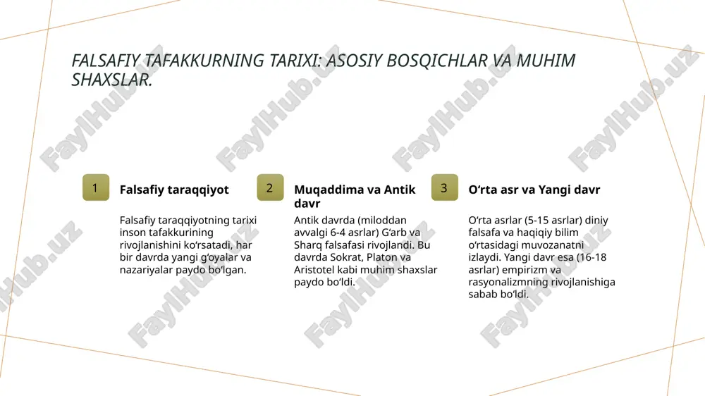 va stoiklar kabi maktablar bilan bog‘liq bo‘lib, mantiq, etik va tabiiy fanlarga ta'sir ko‘rsatdi. 2 o‘rta asrlar ta’siri o‘rta asrlar davrida, islom falsafasi aristotel va platon asarlarini o‘rganib, yangi g‘oyalar va tafakkur uslublarini rivojlantirdi. 3 o‘zaro aloqalar qadimgi va o‘rta sharq falsafiy an'analaridagi o‘zaro ta'sirlar, tafakkurning rivojlanishida muhim rol o‘ynab, global falsafiy merosni shakllantirdi. sharq falsafasining yevropa rivojlanishiga ta'siri: tarixiy nuqtai nazar. sharq falsafasi ta'siri sharq falsafasi yevropa rivojlanishida muhim rol o'ynadi. avliyo avitsenna va al-farobiy kabi faylasuflar, yevropa intellektual tarixiga ta'sir ko'rsatdi. ilmiy meros sharqdan kelgan ilmiy meros, ayniqsa, matematikada va astronomiyada, yevropa renessansida katta ahamiyatga ega bo'ldi. bu, ilm-fan taraqqiyotini tezlashtirdi. madaniy almashuv sharq falsafasi va yevropa o'rtasidagi madaniy almashuv, savdo va tarjima faoliyati orqali amalga oshdi. bu, yangi g'oyalar va ta'sirlarni keltirib chiqardi. yevropa uyg‘onish davrining falsafiy asoslari va rivojlanishi. 1 yevropa uyg‘onishi - yevropa uyg‘onish davri 14-asrdan 17-asrgacha davom etib, san’at, ilm-fan va falsafa sohalarida katta …