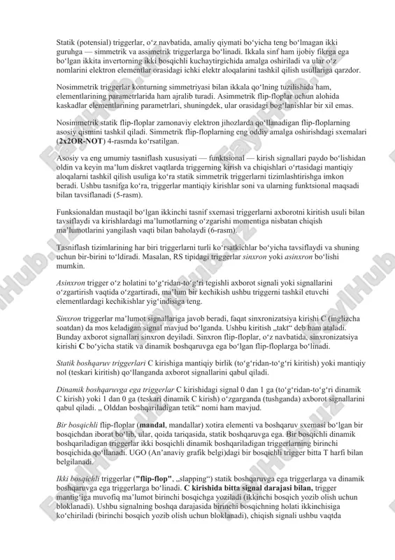 n-ariy flip-flop — bu n ta barqaror holatga ega boʻlgan va istalgan holatdan boshqa holatga oʻtish qobiliyatiga ega boʻlgan qurilma (elementar almashtiriladigan xotira katakchasi, n barqaror pozitsiyali kalit). flip-flop — ikkita barqaror holat 0 va 1 boʻlgan mantiqiy qurilma, bir nechta kirish va ikkita chiqish, biri toʻgʻridan-toʻgʻri, ikkinchisi esa teskari. tasniflash 3-rasmdinamik triggerni sozlash va vaqt diagrammalarini tiklash4-rasmbipolyar tranzistorlarda nosimmetrik tetikler : yuqoridan — kaskadlar orasidagi toʻgʻridan-toʻgʻri aloqa bilan; pastki — rezistorli ulanish bilan thumb| 5-rasm triggerlarning funksional tasnifi triggerlar ikkita katta guruhga boʻlinadi — dinamik va statik . ular chiqish maʼlumotlarini taqdim etish usuli bilan nomlanadi. dinamik trigger — bu boshqariladigan generator boʻlib, uning holatlaridan biri (bitta) chiqishda maʼlum chastotali impulslarning uzluksiz ketma-ketligi, ikkinchisi (nol) chiqish impulslarining yoʻqligi bilan tavsiflanadi. holatlarning oʻzgarishi tashqi impulslar orqali amalga oshiriladi (3-rasm). statik triggerlarga qurilmalar kiradi, ularning har bir holati chiqish kuchlanishining doimiy darajalari (chiqish potensiallari) bilan tavsiflanadi: yuqori — taʼminot kuchlanishiga yaqin …